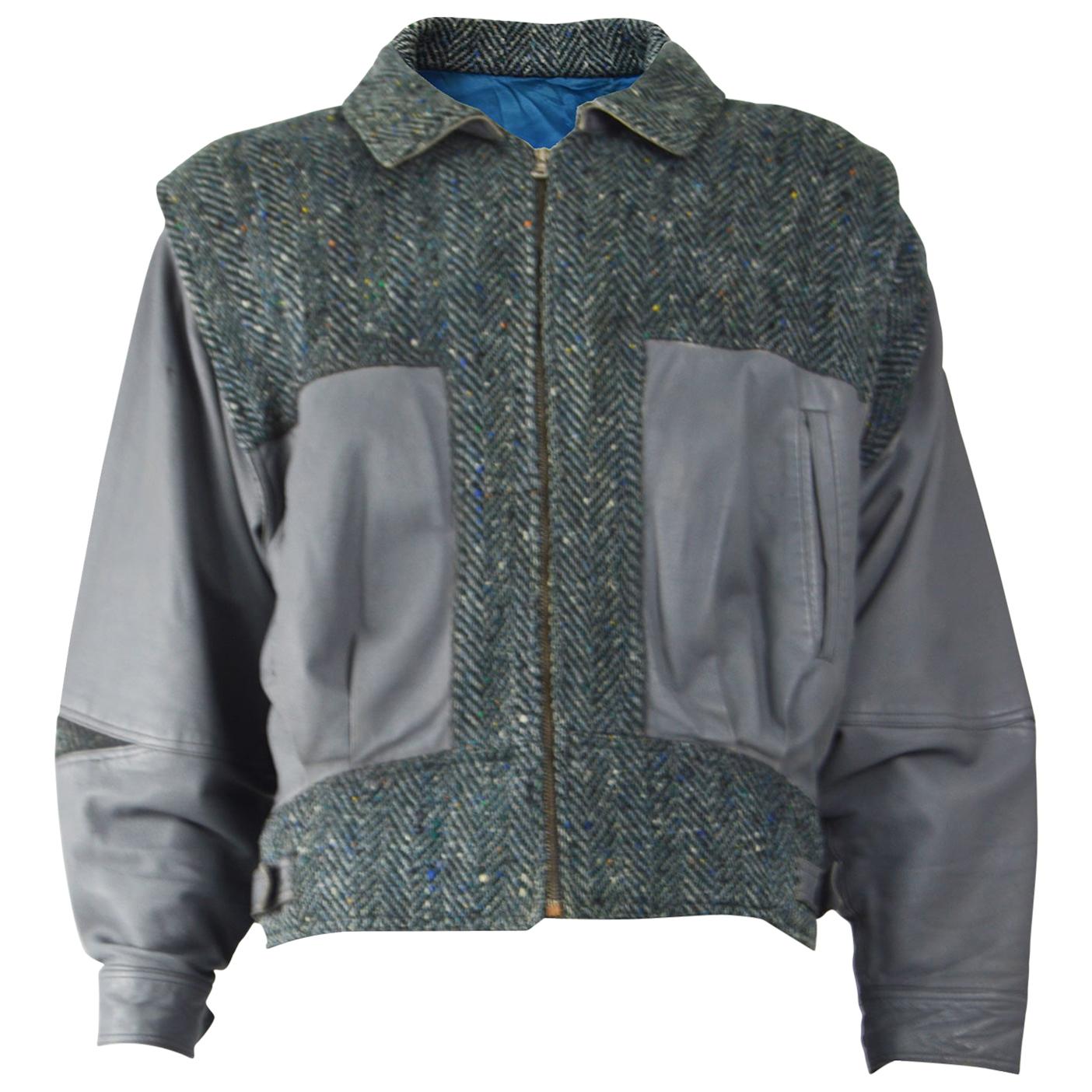 Enrico Coveri Vintage Mens Wool Tweed & Leather Jacket For Sale