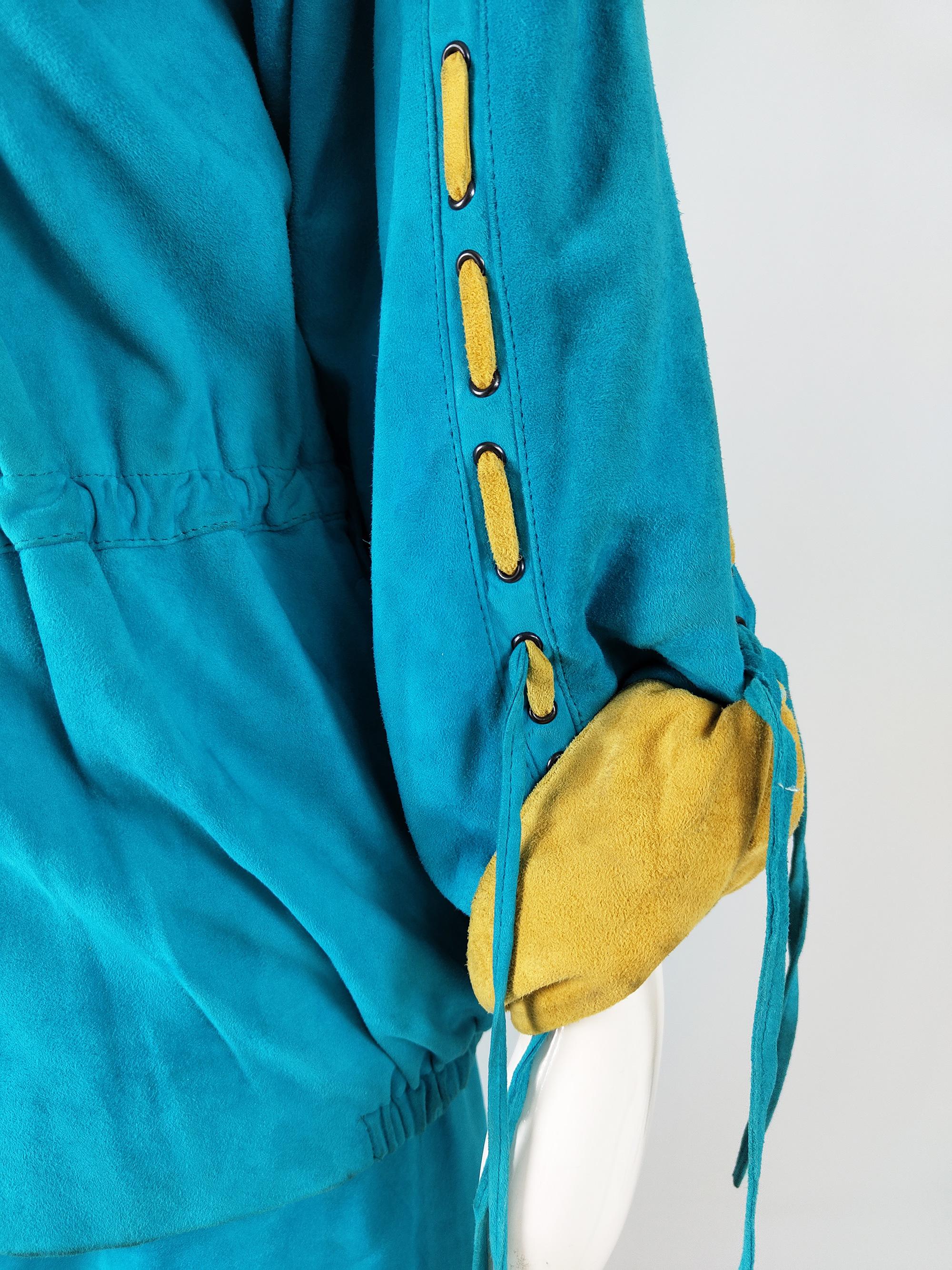 Enrico Coveri Vintage Turquoise & Mustard Real Suede Jacket & Skirt Suit, 1980s In Good Condition In Doncaster, South Yorkshire