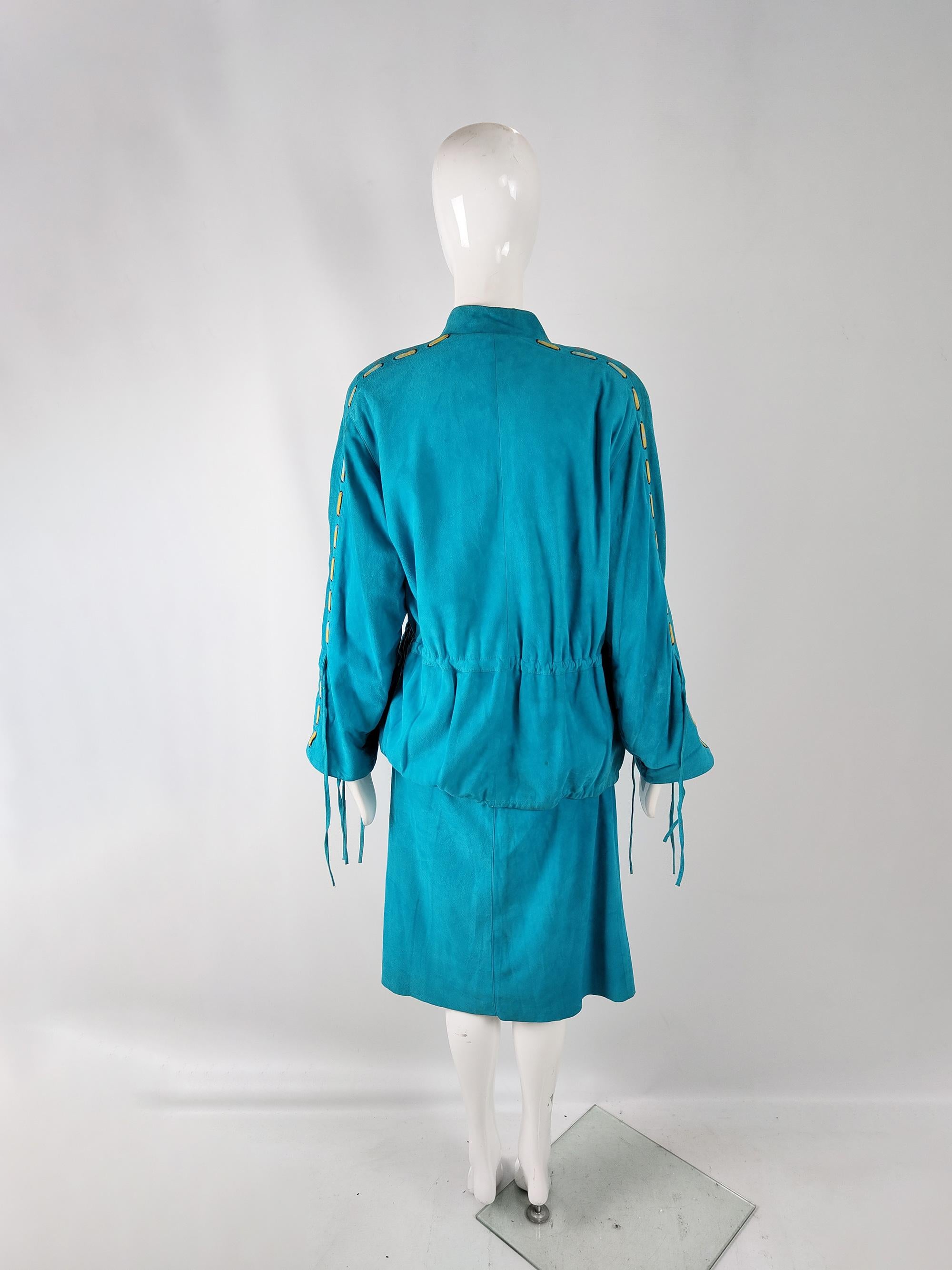 Women's Enrico Coveri Vintage Turquoise & Mustard Real Suede Jacket & Skirt Suit, 1980s