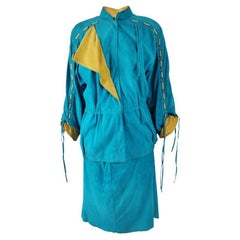 Enrico Coveri Vintage Turquoise & Mustard Real Suede Jacket & Skirt Suit, 1980s