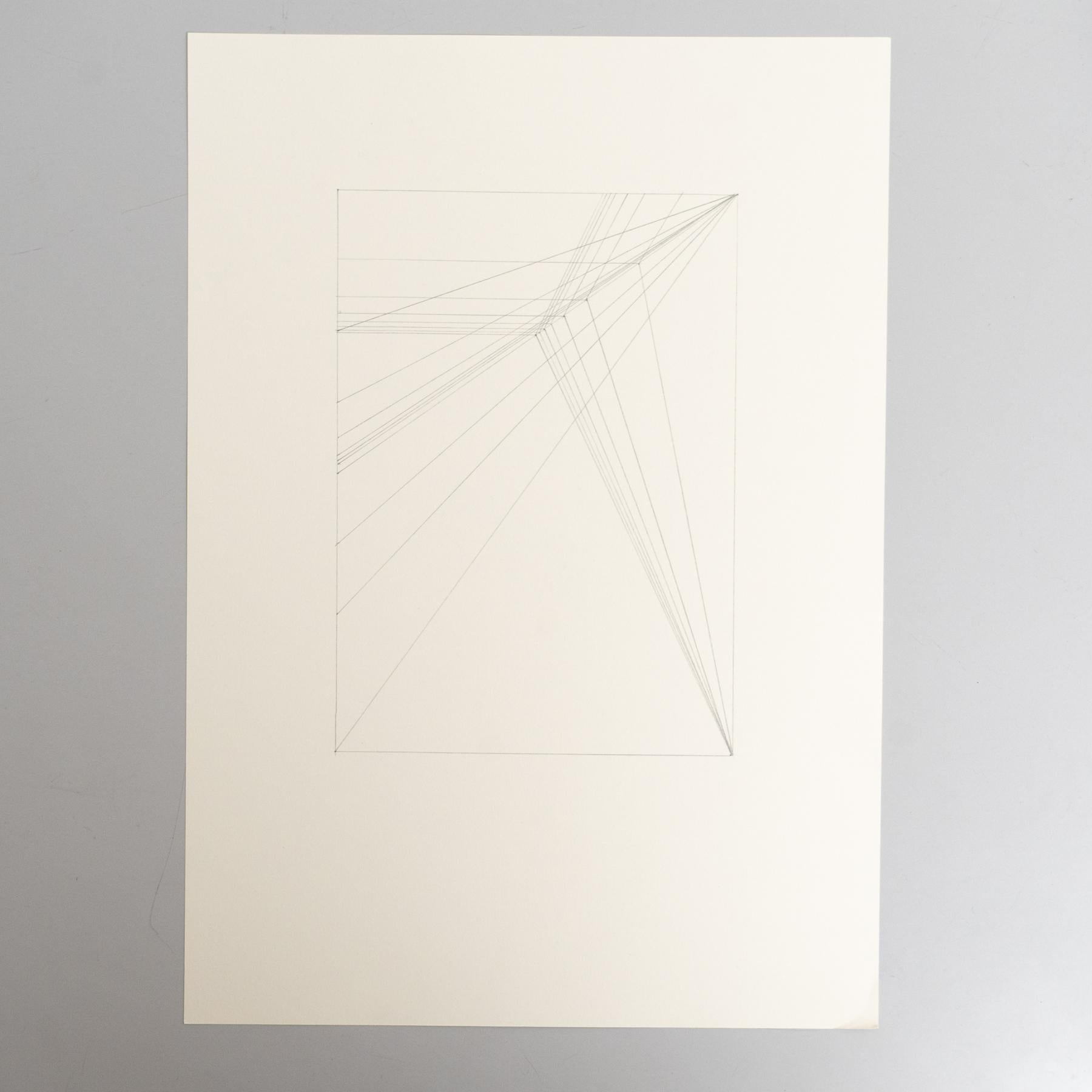 Explore the captivating simplicity of this abstract geometric drawing on paper by Enrico Della Torre. Crafted with pencil, this minimal composition showcases a delicate interplay of shapes and lines, exemplifying Della Torre’s unique artistic