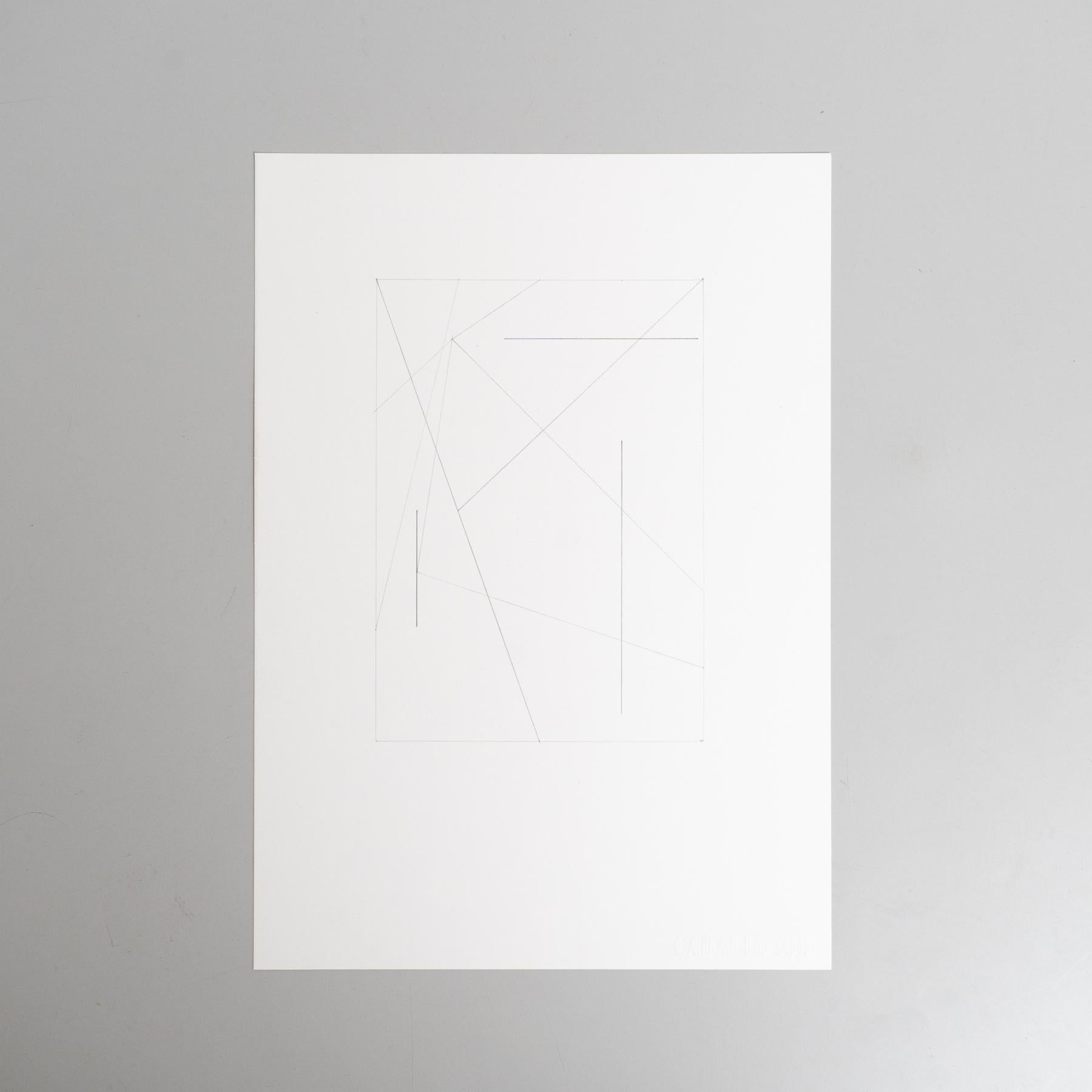 Entdecken Sie die fesselnde Einfachheit dieser abstrakten geometrischen Zeichnung auf Papier von Enrico Della Torre. Die mit Bleistift gezeichnete, minimalistische Komposition zeigt ein delikates Zusammenspiel von Formen und Linien, das Della Torres