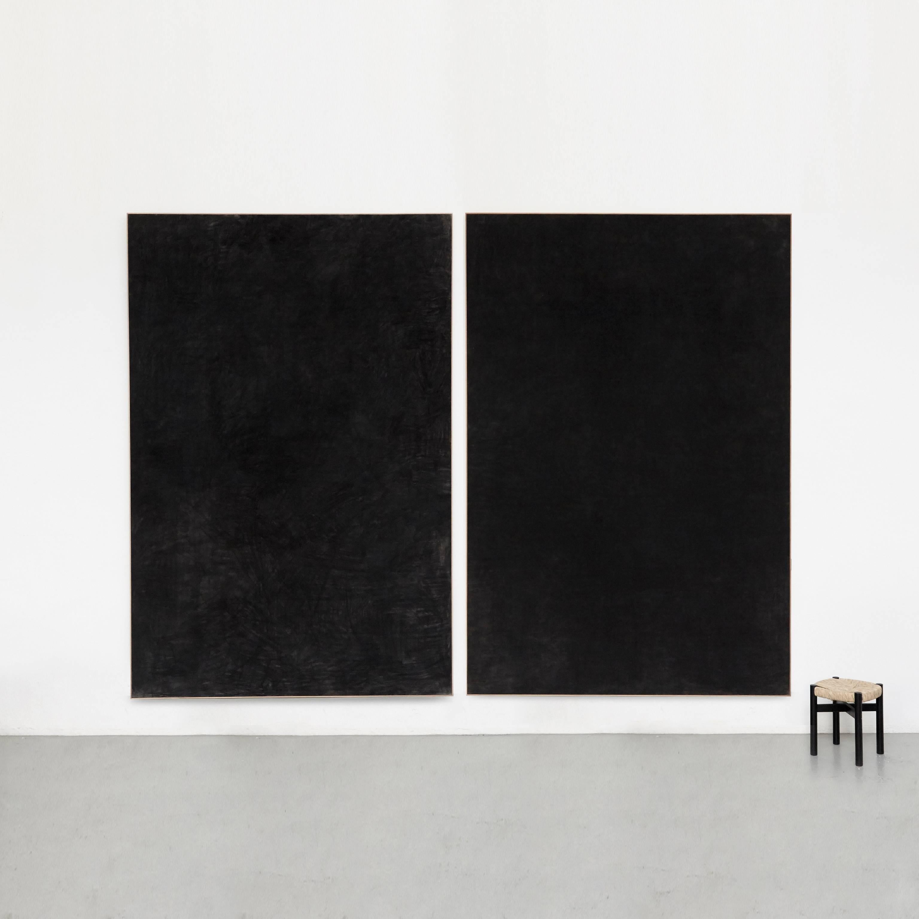 Painting in charcoal on linen made by Enrico Dellatorre.

Measurements: 300 x 200 cm / each canvas / 300 x 400 cm in total

The expressive vision of Enrico is an exploration of space in the painting, an attempt to bring to the limits its