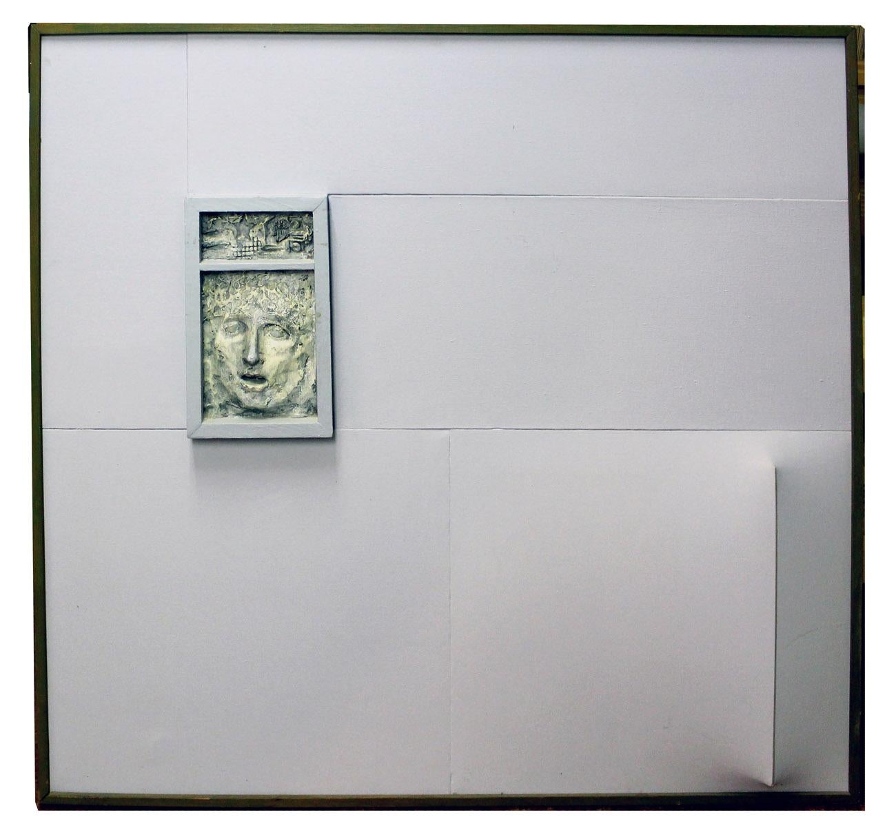 Enrico Embroli, peinture encadrée rare en technique mixte sculpturale sur toile céramique des années 1970