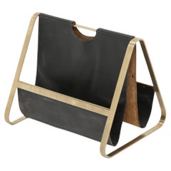 Enrico Franchi Double Sided Brass and Leather Magazine Rack, Italy circa 1970