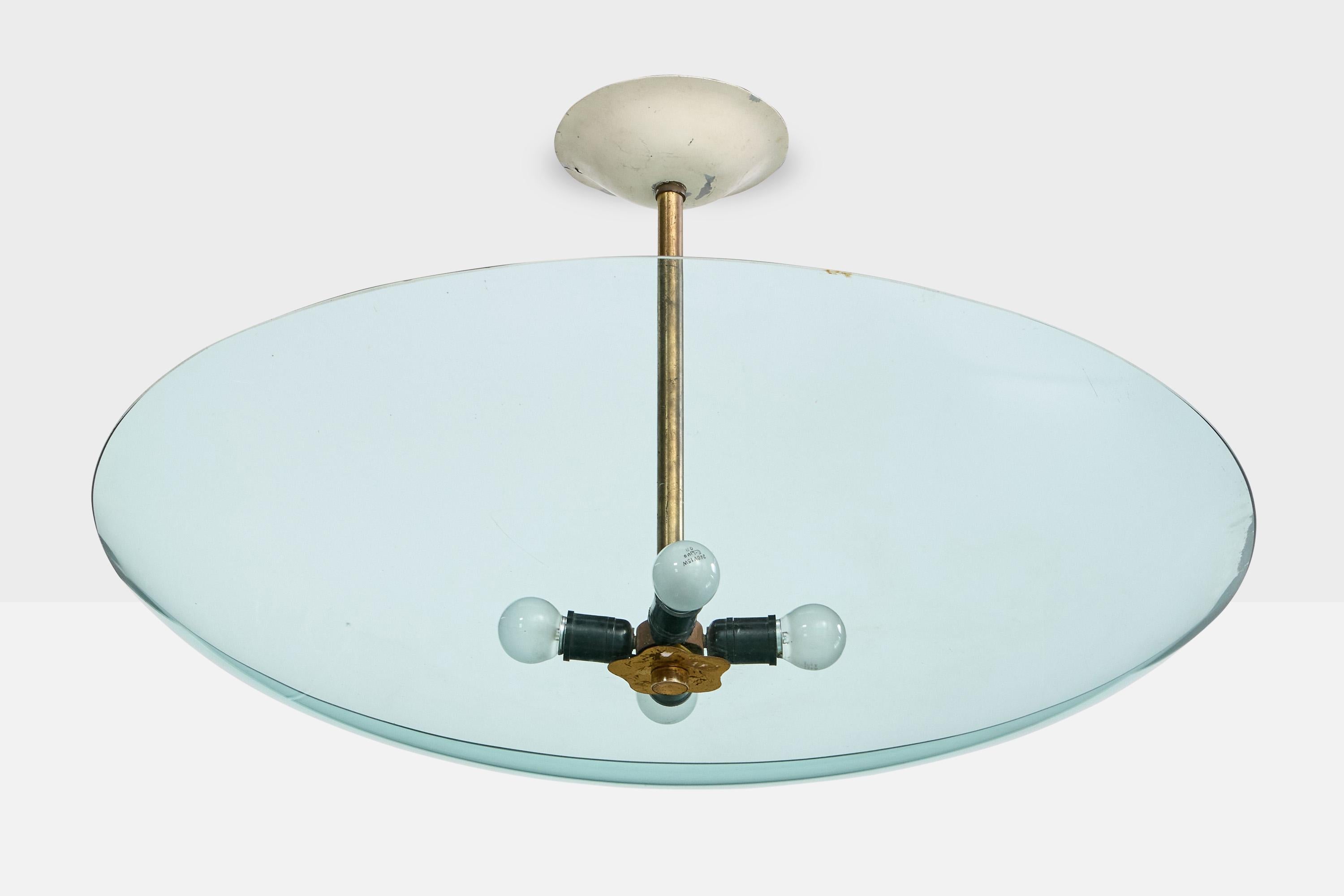 A brass, white-lacquered metal and glass pendant light designed and produced by Enrico Furio Dominici, Brazil, c. 1950s.

The brass stem resents with moderate oxidation.

Overall Dimensions (inches): 17” H x 31” Diameter

Dimensions of Canopy: 1.75“