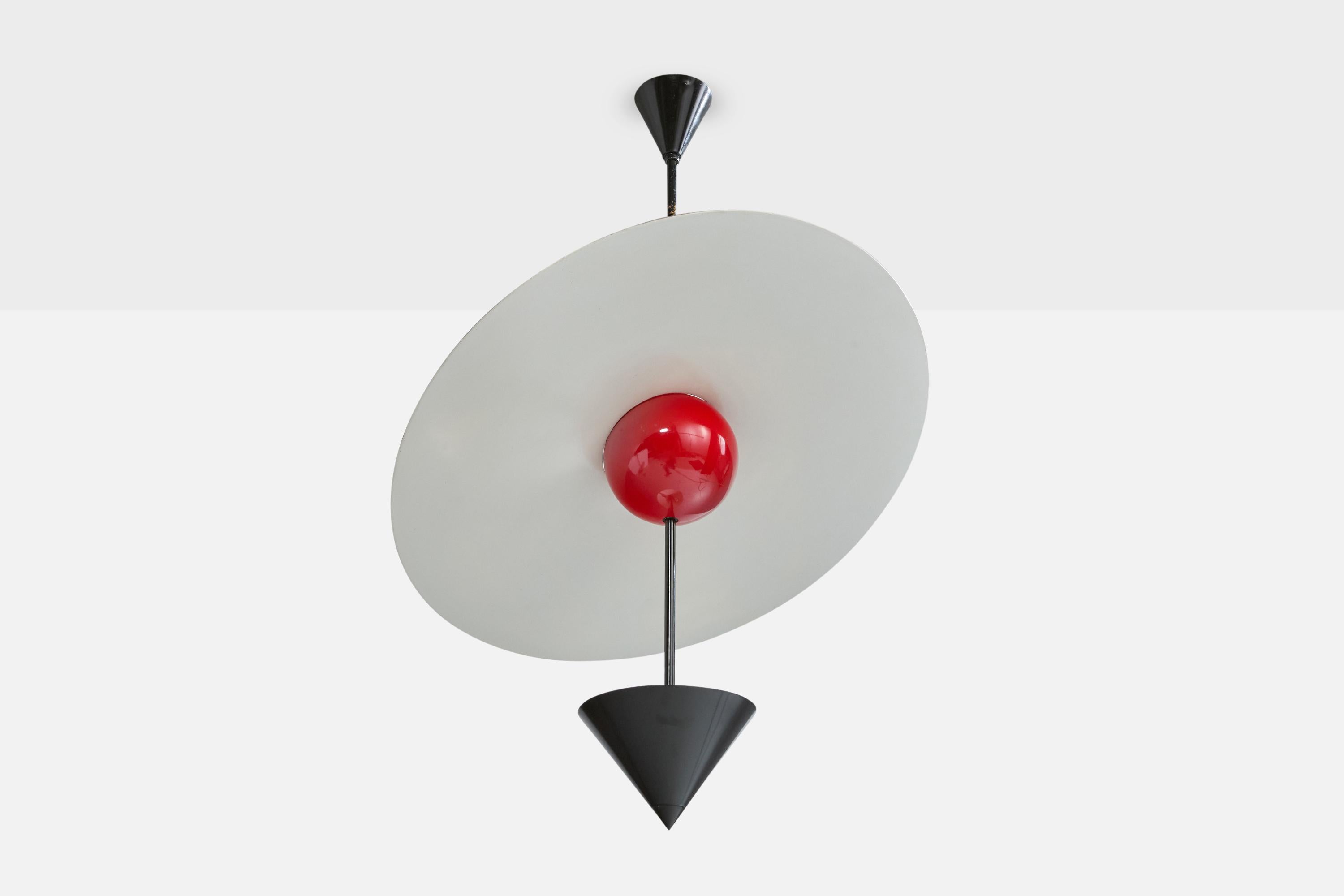 A white, red and black-lacquered metal pendant light designed and produced by Enrico Furio Dominici, Brazil, c. 1980.

Moderate loss of paint to upper stem.

Overall minor warping to shape of bottom shade and canopy.

Overall Dimensions (inches):