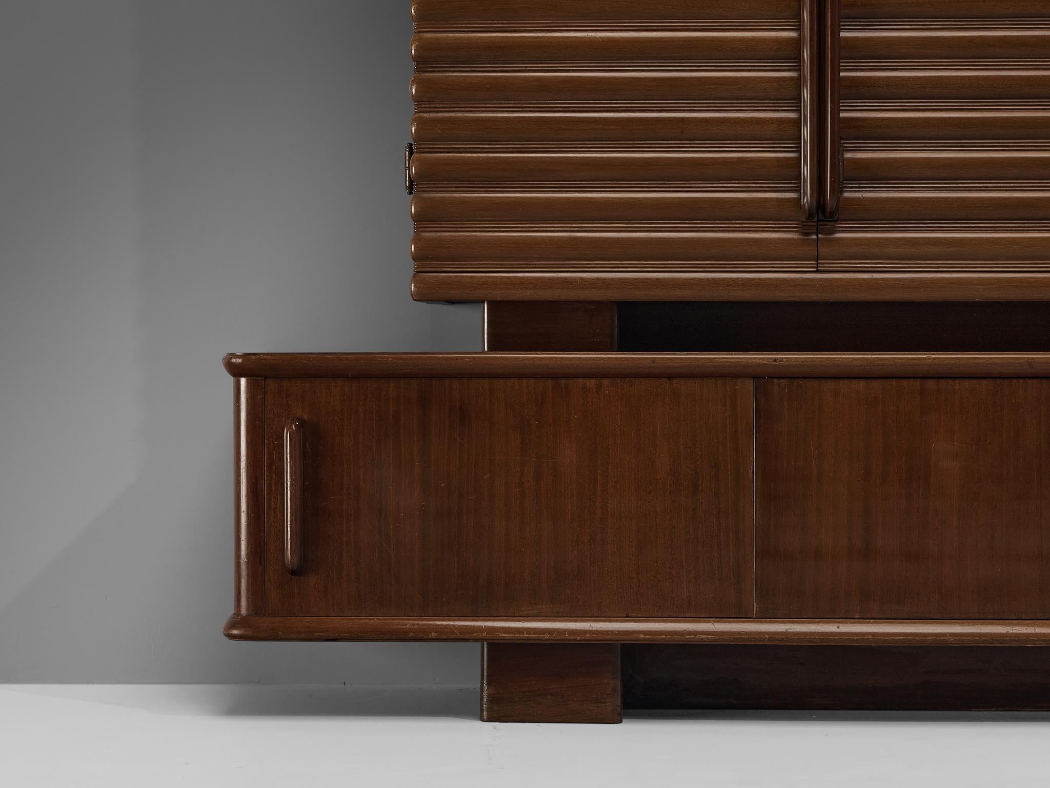 Mid-Century Modern Enrico & Paolo Borghi High Sideboard in Mahogany with Carved Doors  For Sale