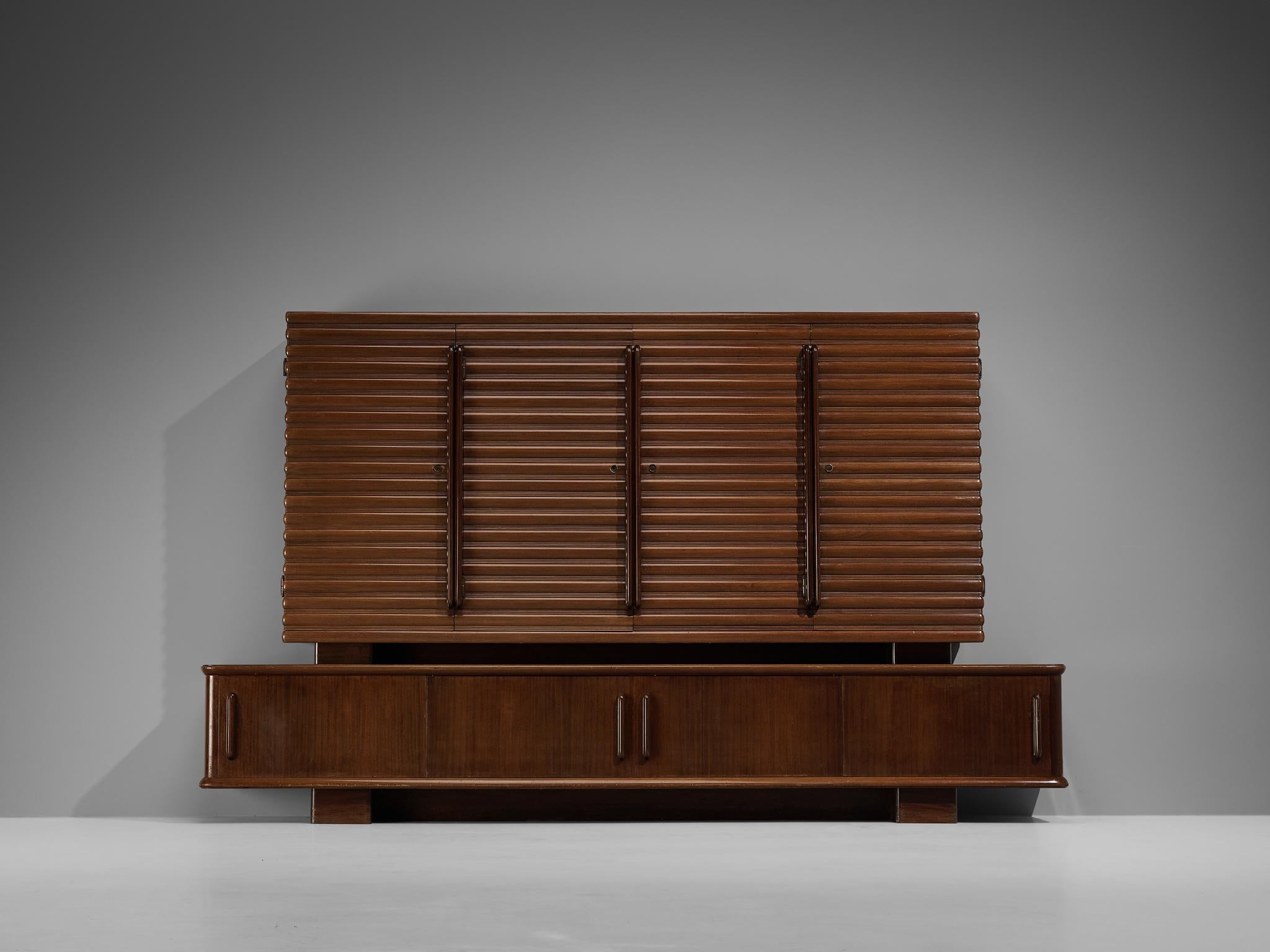 Mid-20th Century Enrico & Paolo Borghi High Sideboard in Mahogany with Carved Doors  For Sale