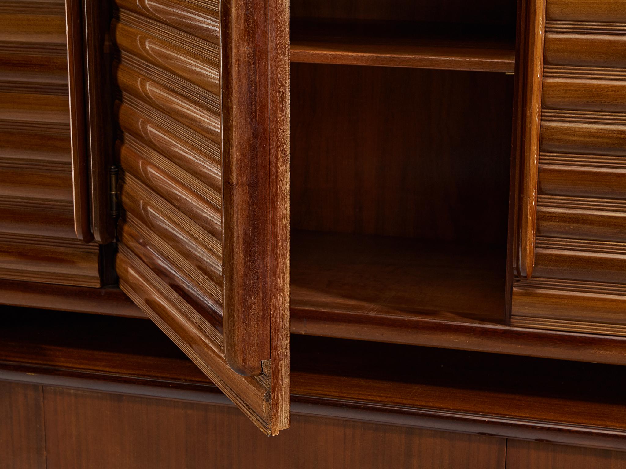 Mid-20th Century Enrico & Paolo Borghi High Sideboard in Mahogany with Carved Doors For Sale
