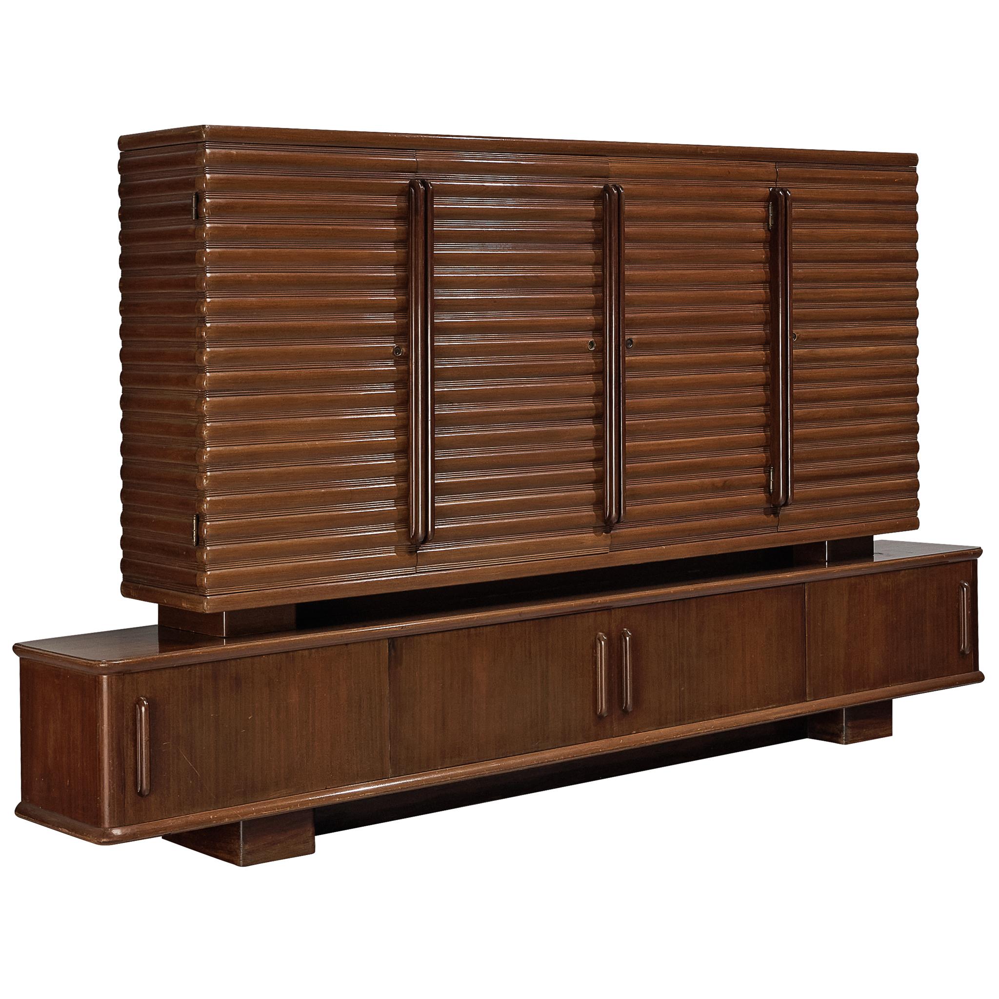 Enrico & Paolo Borghi High Sideboard in Mahogany with Carved Doors  For Sale