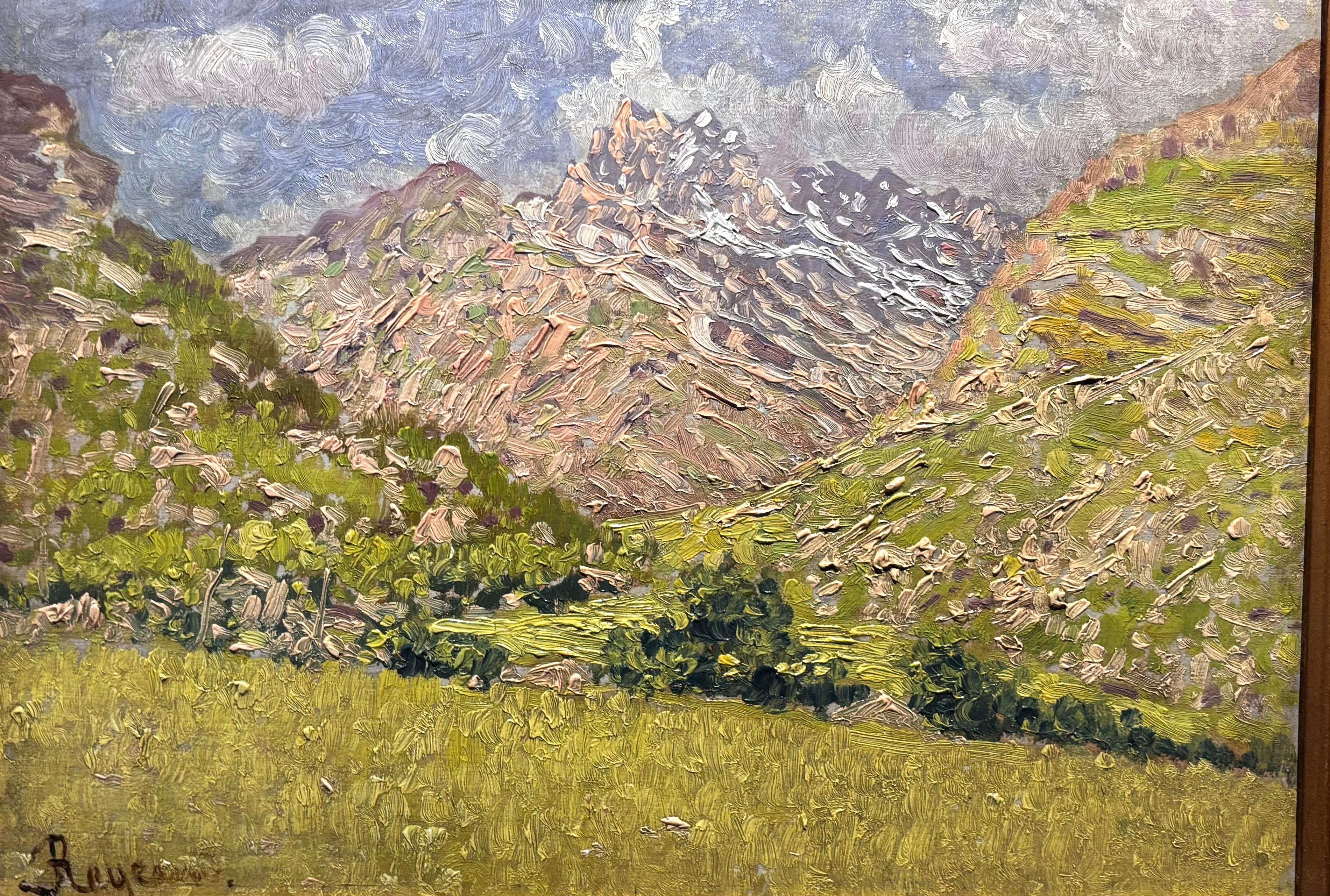 Estate in montagna , Italia Olio su cartone  cm. 33 x 24 1890 ca - Impressionnisme Painting par Enrico Reycend