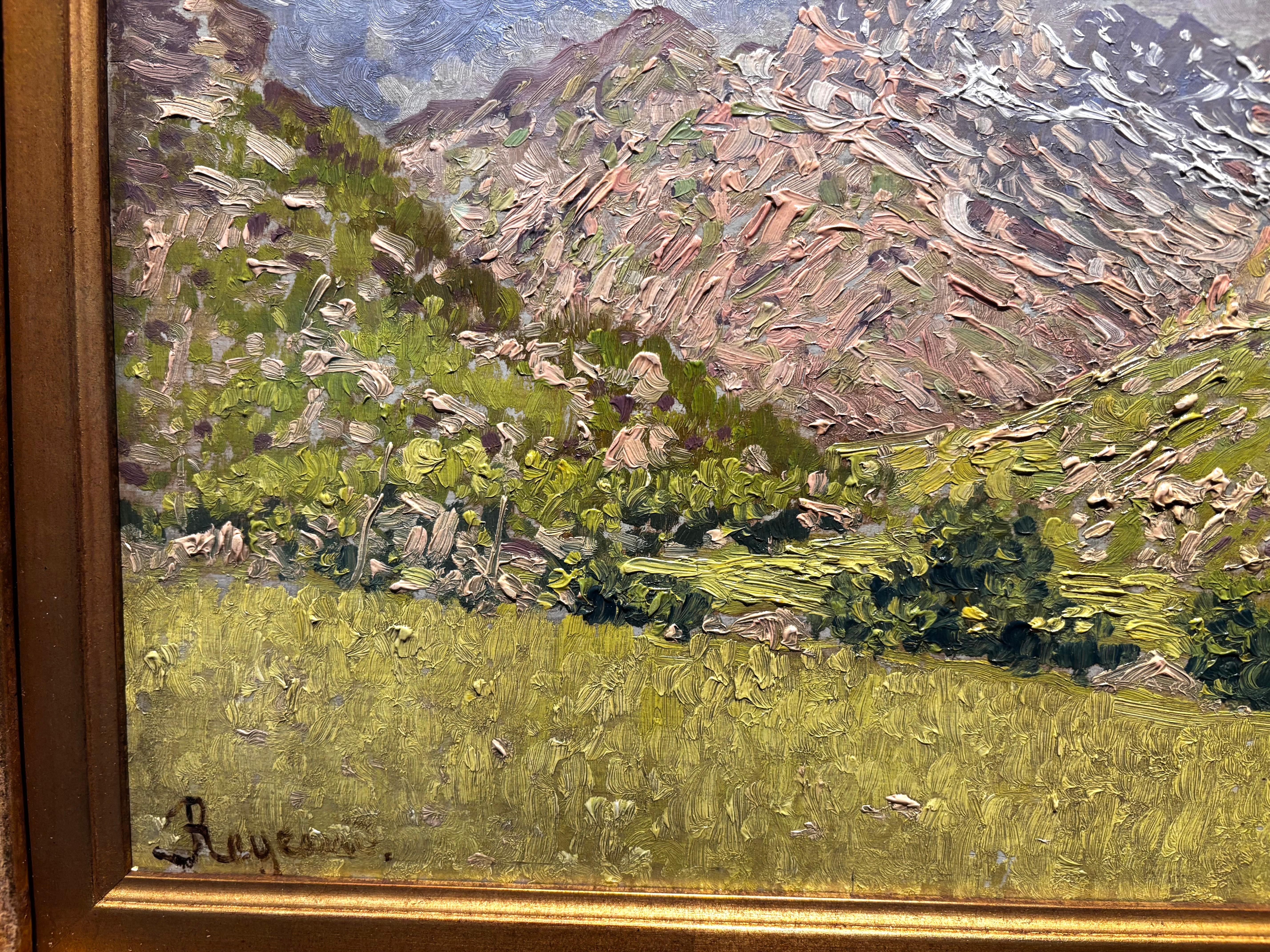 Estate in montagna , Italia Olio su cartone  cm. 33 x 24 1890 ca - Noir Landscape Painting par Enrico Reycend