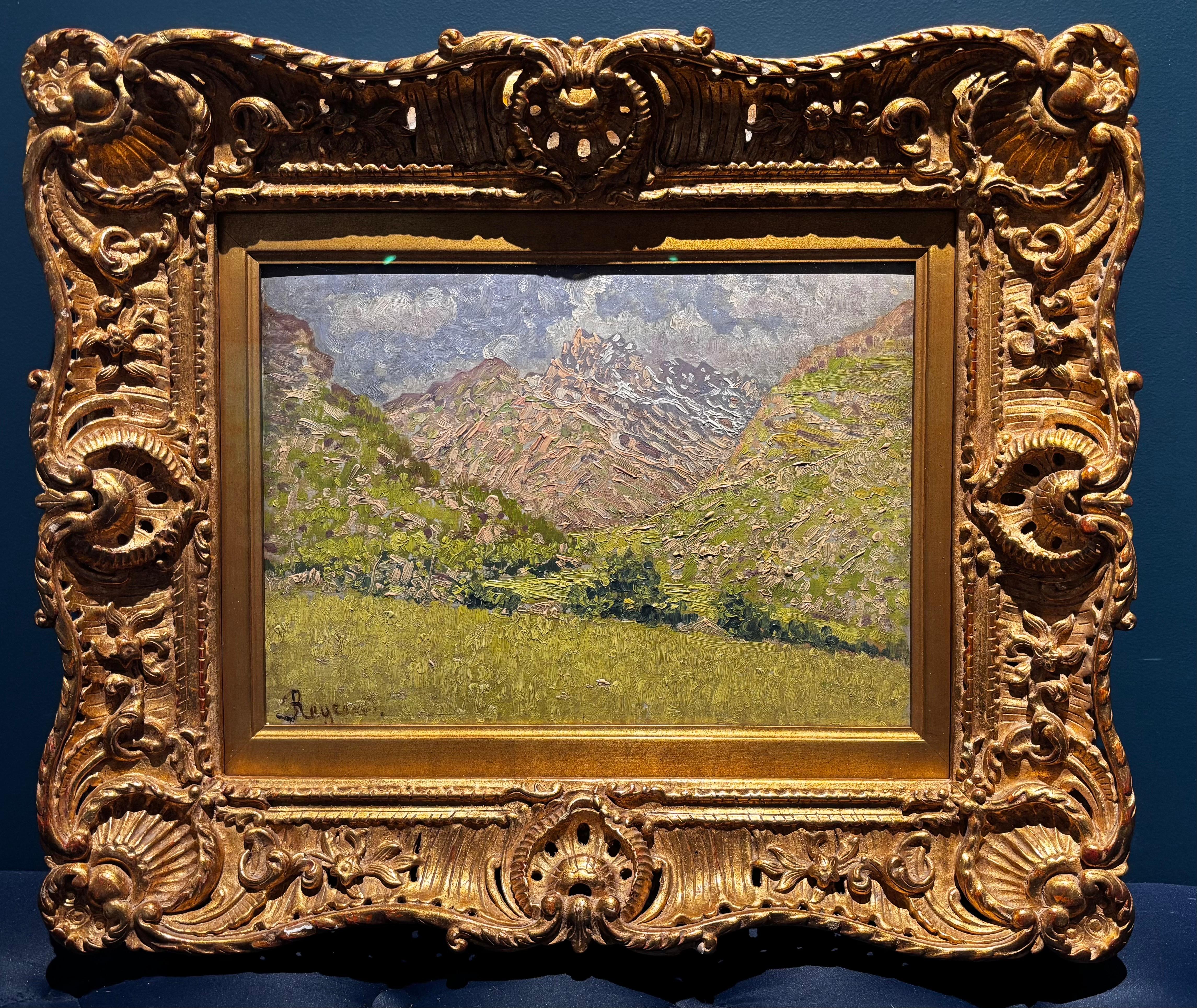 Landscape Painting Enrico Reycend - Estate in montagna , Italia Olio su cartone  cm. 33 x 24 1890 ca