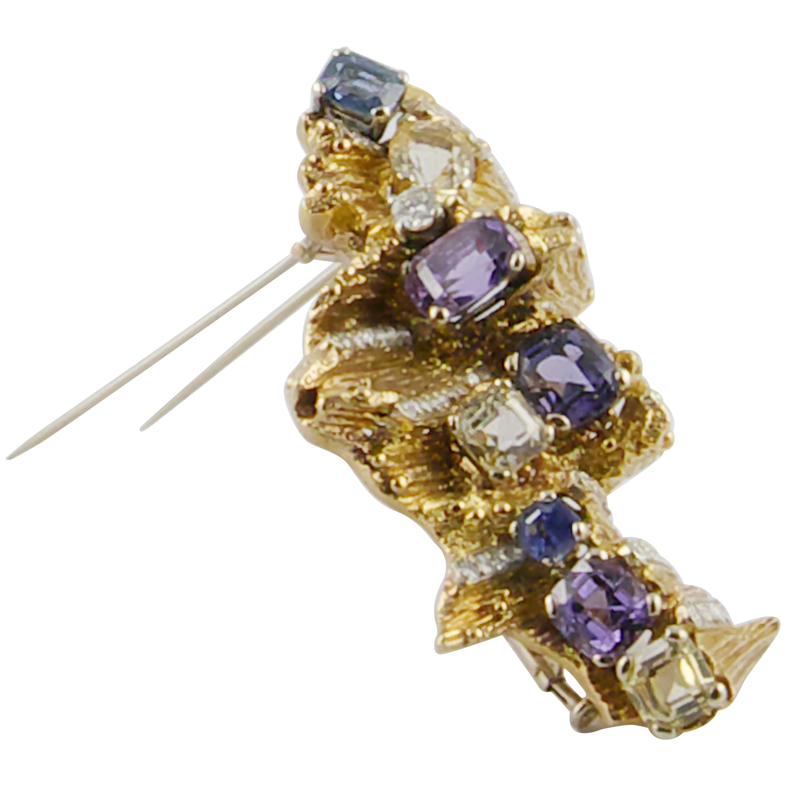 Enrico Serafini 1960s 18 Karat Gold Diamond and Natural Sapphire Italian Brooch