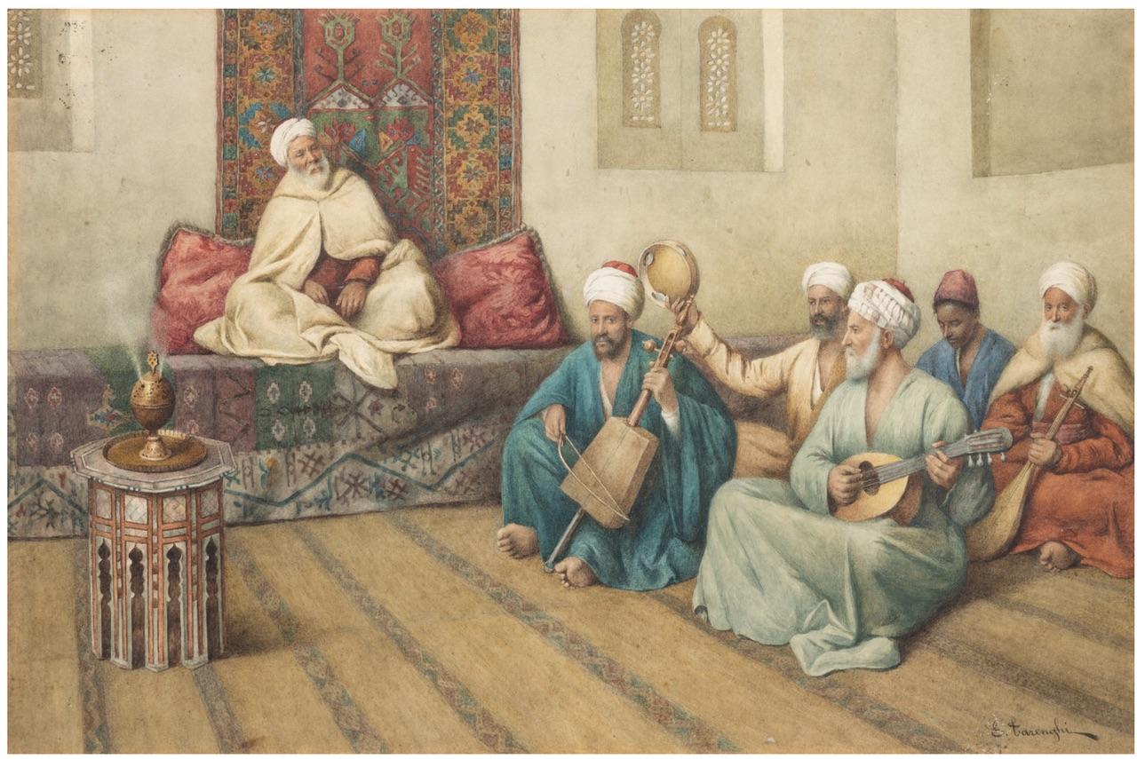 (Italian, 1848-1938)
A Musical Performance
watercolor on paper
signed E. Tarenghi (lower right).
  