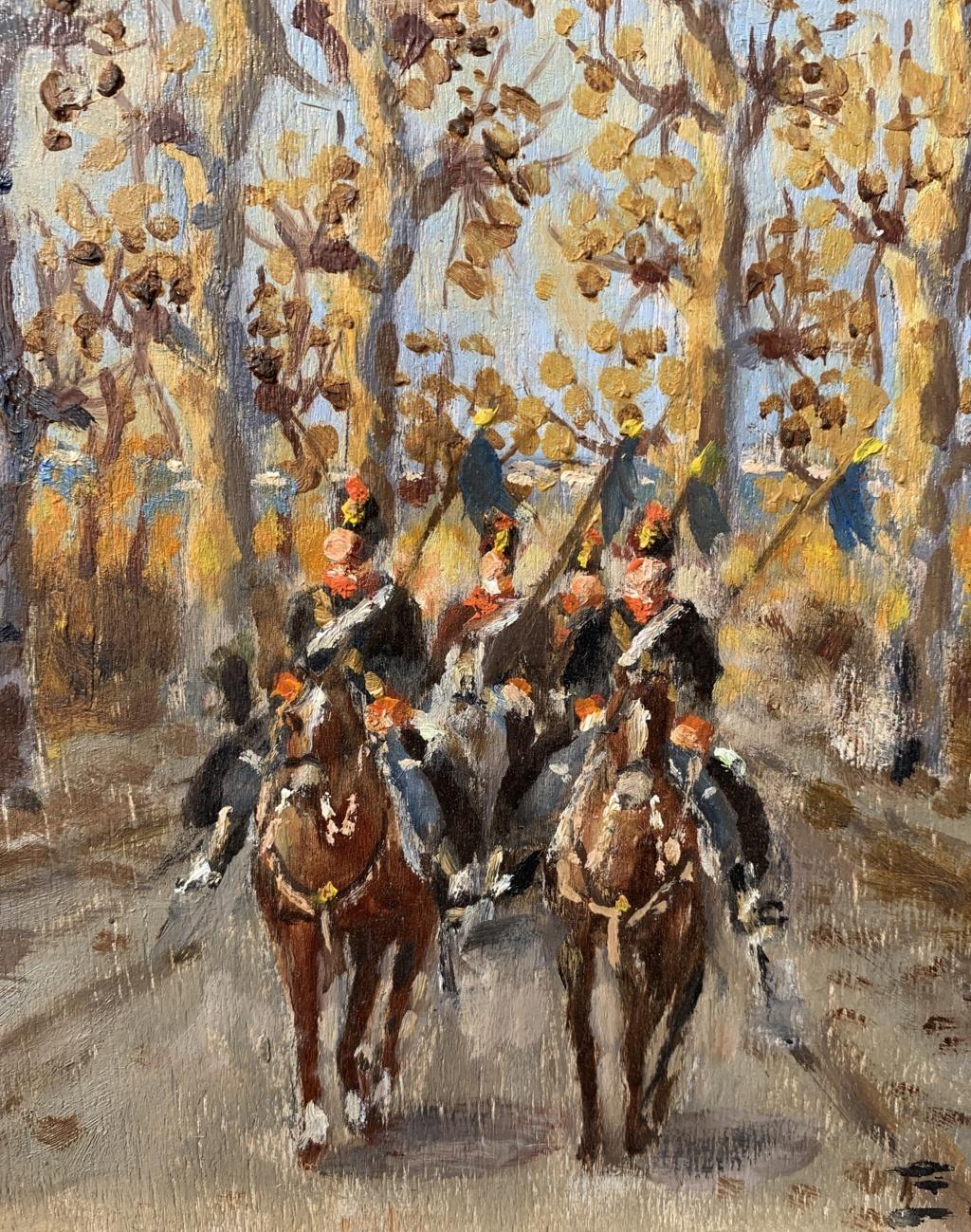 Enrico Vizzotto Alberti (Oderzo 1880 - Padua 1976) - The 7th regiment of Milan lancers.

25.5 x 35 cm without frame, 51.5 x 57 cm with frame.

Ancient oil painting on wood, within a passe-partout in a wooden frame.

Work signed bottom right: 