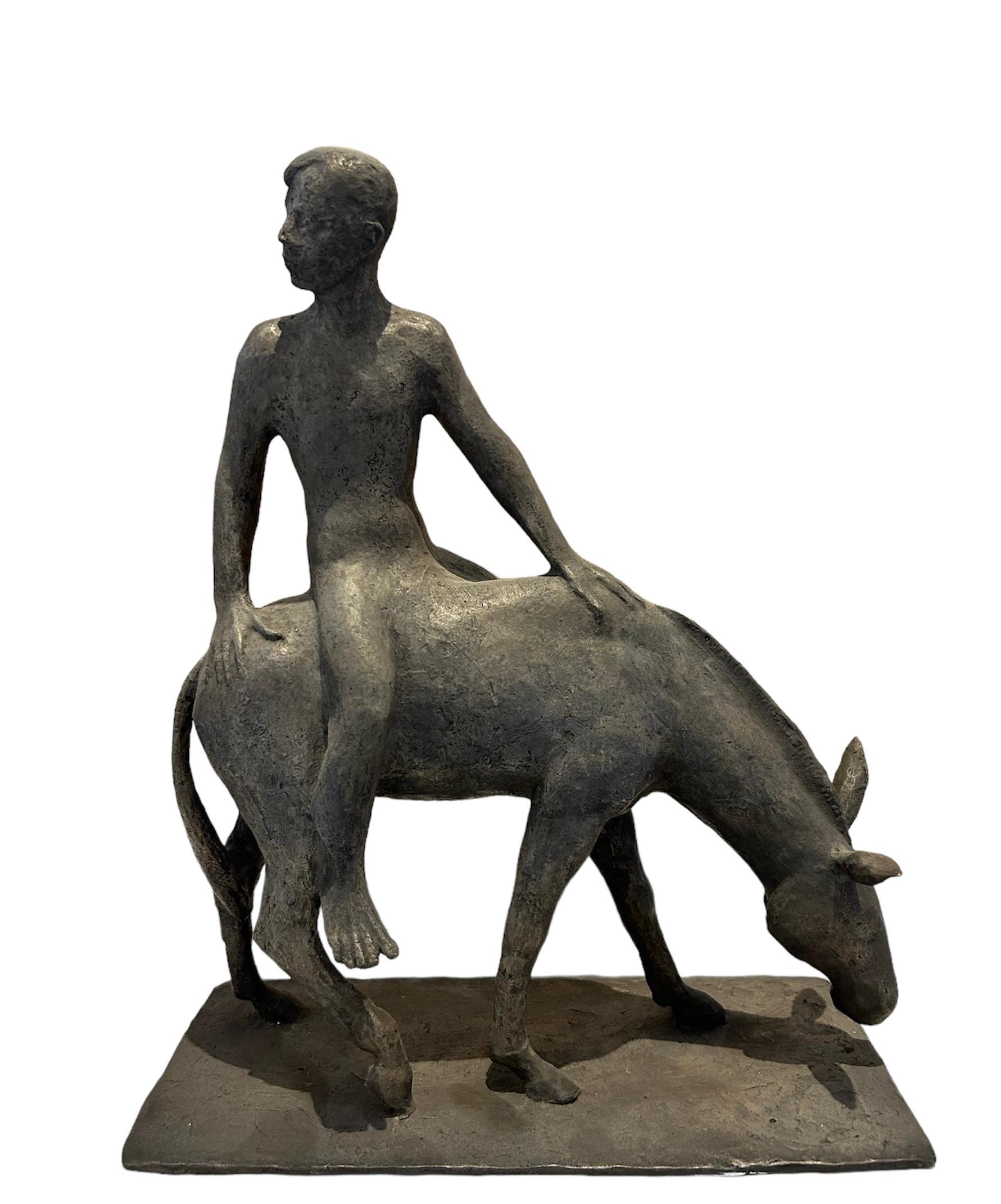 Enrique Alférez Figurative Sculpture - Boy Riding Burro