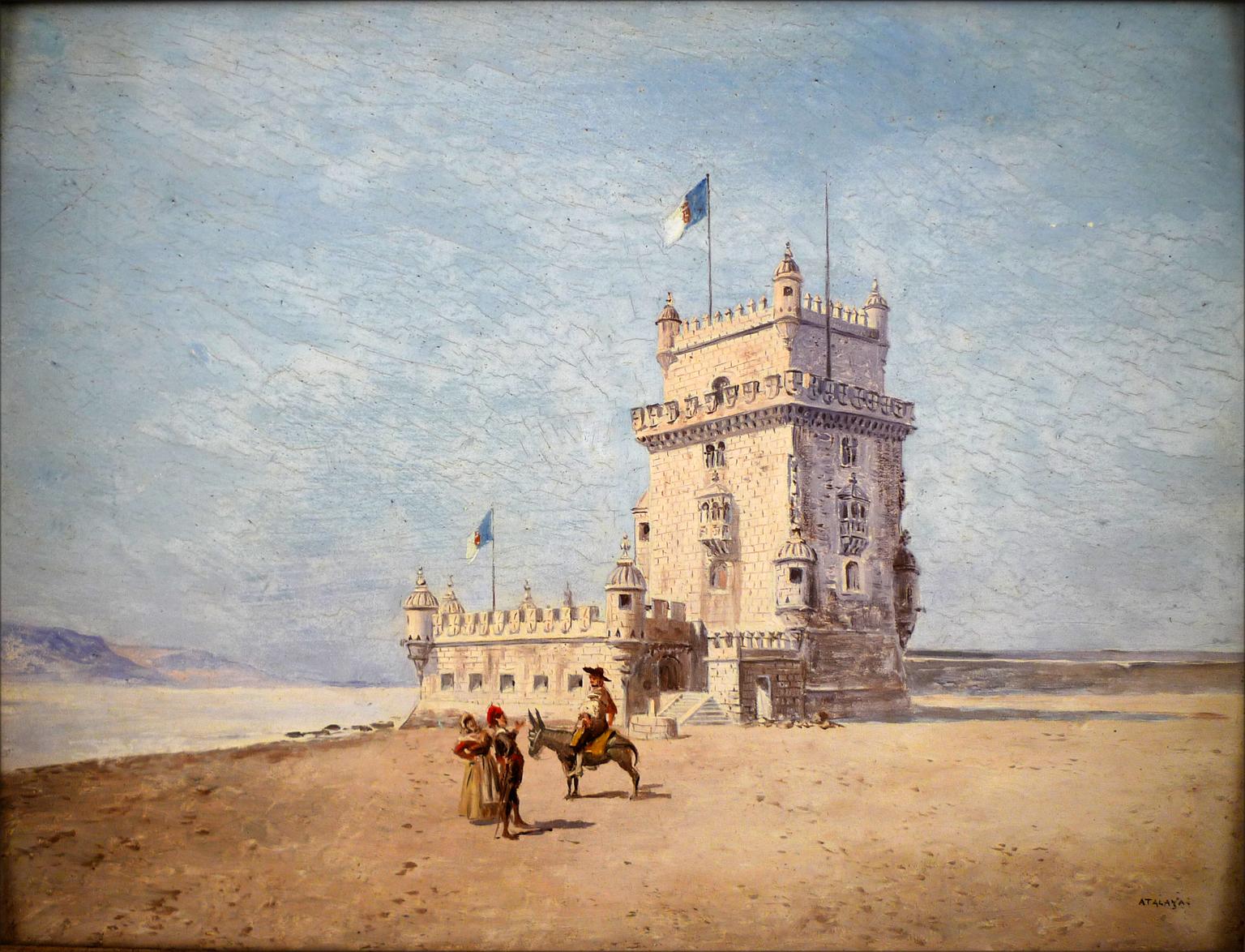 „Belems Tower, Lissabon“, Öl auf Holzplatte von Enrique Atalaya, 19. Jahrhundert im Angebot 1