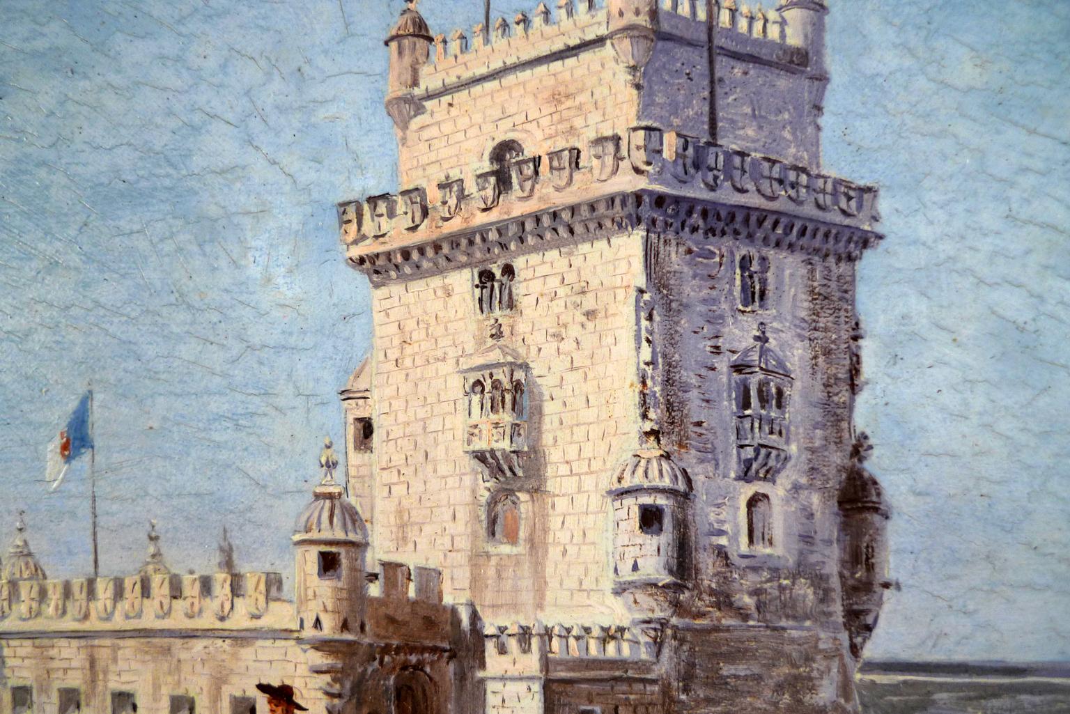 « Buildings Tower, Lisbonne », huile sur panneau de bois du XIXe siècle par Enrique Atalaya en vente 3