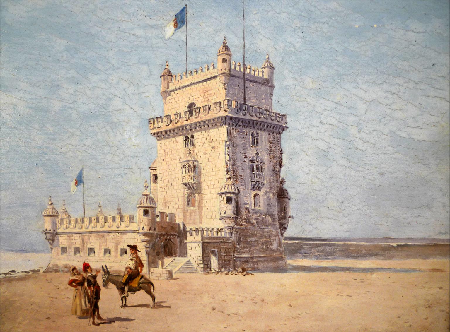 « Buildings Tower, Lisbonne », huile sur panneau de bois du XIXe siècle par Enrique Atalaya en vente 4