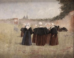 Antique "Nuns in the Convent Gardens", 19th Century Oil on Cardboard by Enrique Atalaya