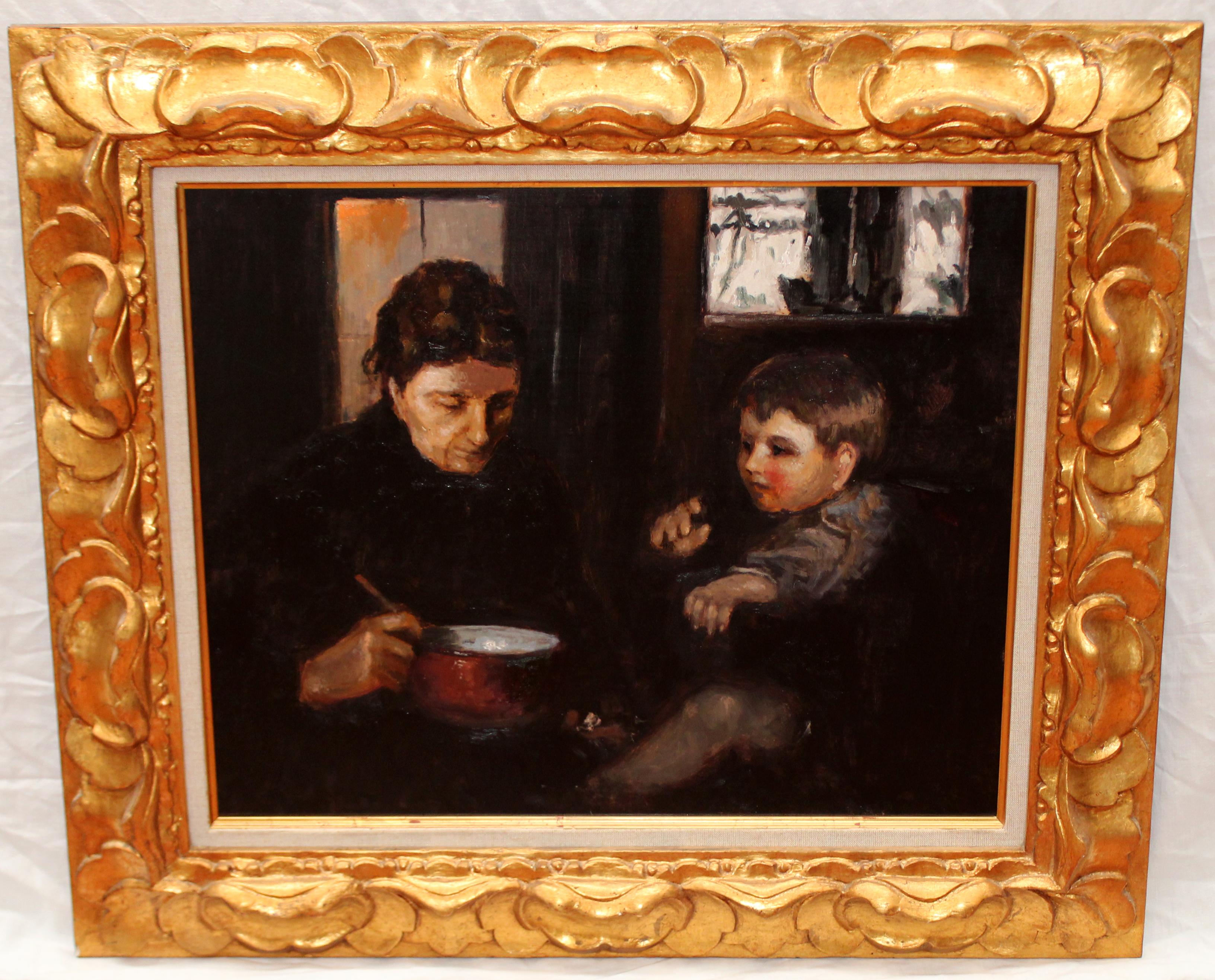 Enrique Beltran Messa Figurative Painting - Motherhood Oil Painting on Canvas, Framed, Signed, 1970s–1980s