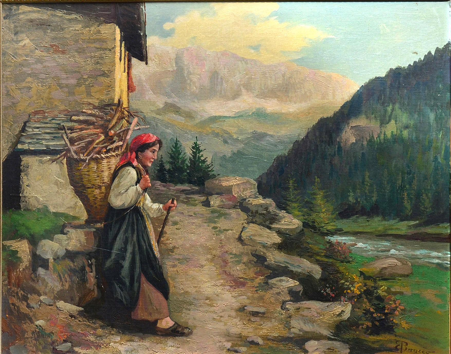 Femme transportant du bois, paysage figuratif du début du 20e siècle - Painting de Enrique Brocco