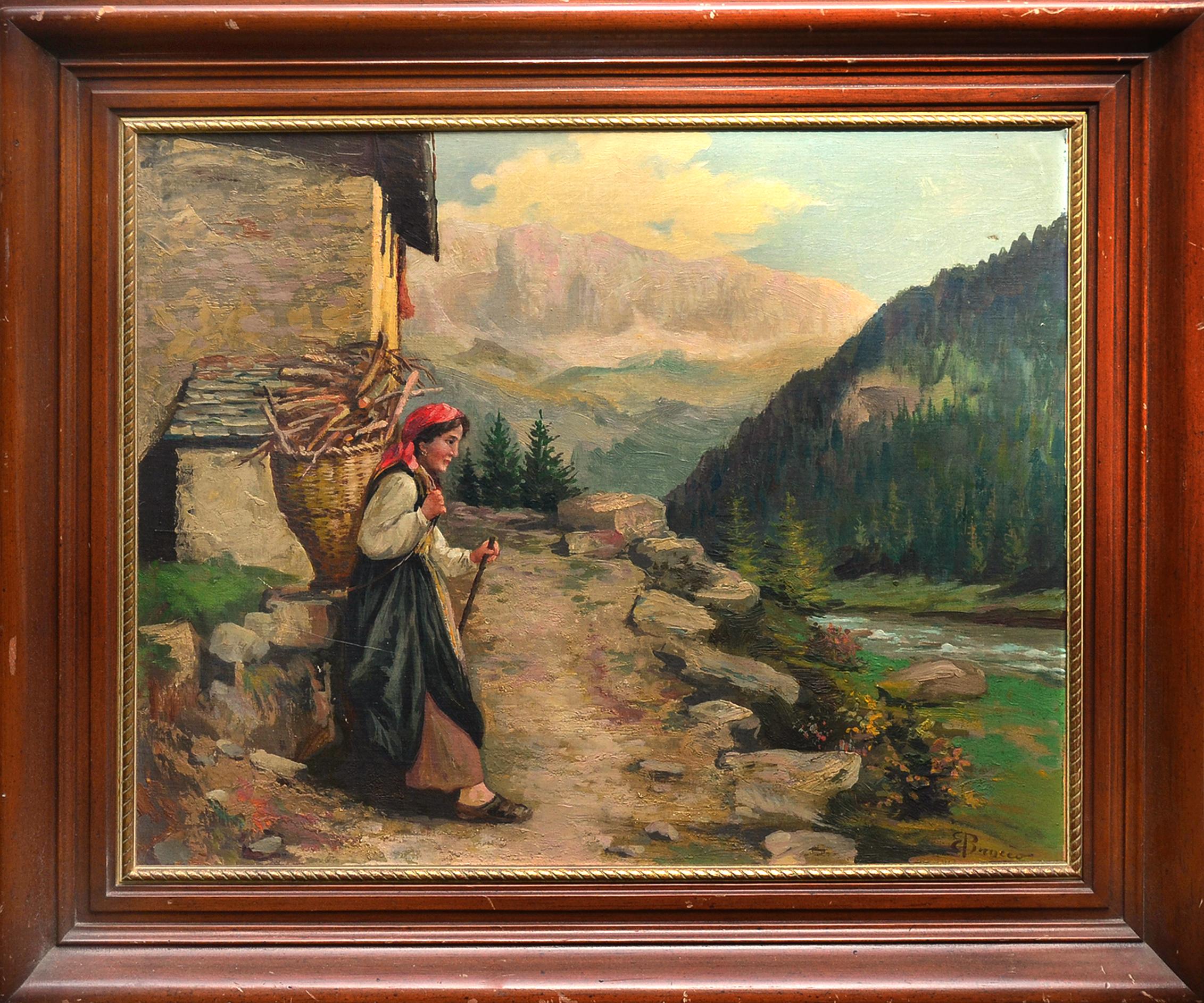 Landscape Painting Enrique Brocco - Femme transportant du bois, paysage figuratif du début du 20e siècle