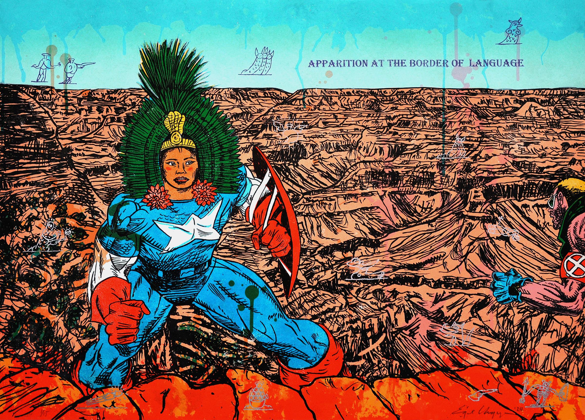 Enrique Chagoya Landscape Print - "Apparition at the Border of Language"