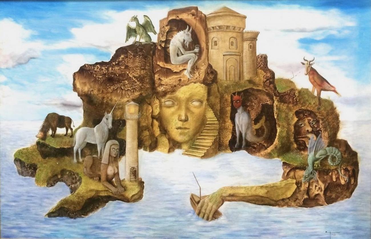 Enrique Chavarria Landscape Painting - La Mujer Isla Surrealist Painting, Large Oil on Masonite, Framed