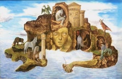 La Mujer Isla Pintura Surrealista, Gran Óleo sobre Masonita, Enmarcado