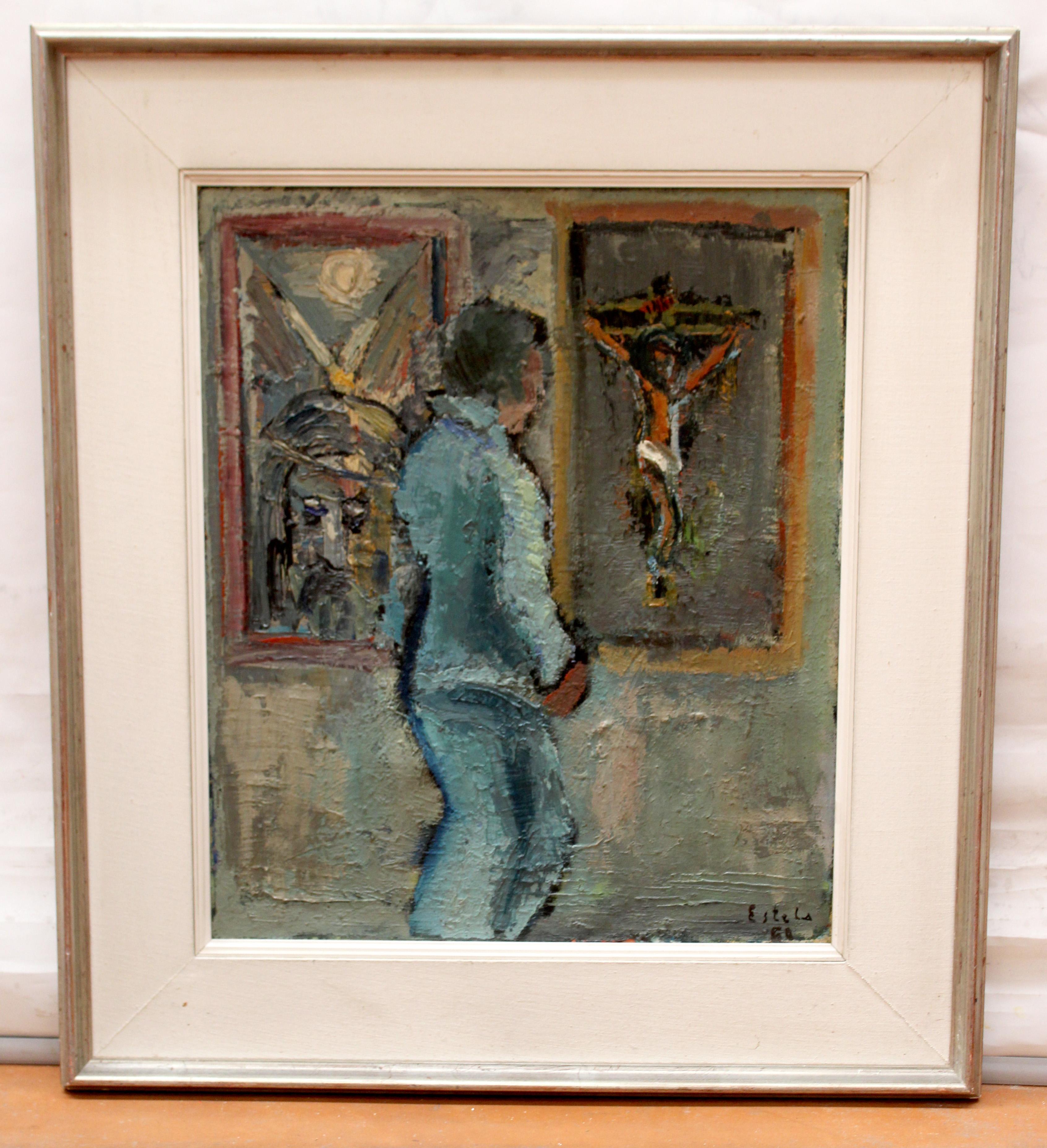 Óleo sobre tela - Innenausstattung mit Figur - Jahr 1960 – Painting von Enrique Estela-Antón
