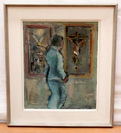 Peinture à l'huile sur toile représentant un intérieur avec des personnages, encadrée, vers 1960