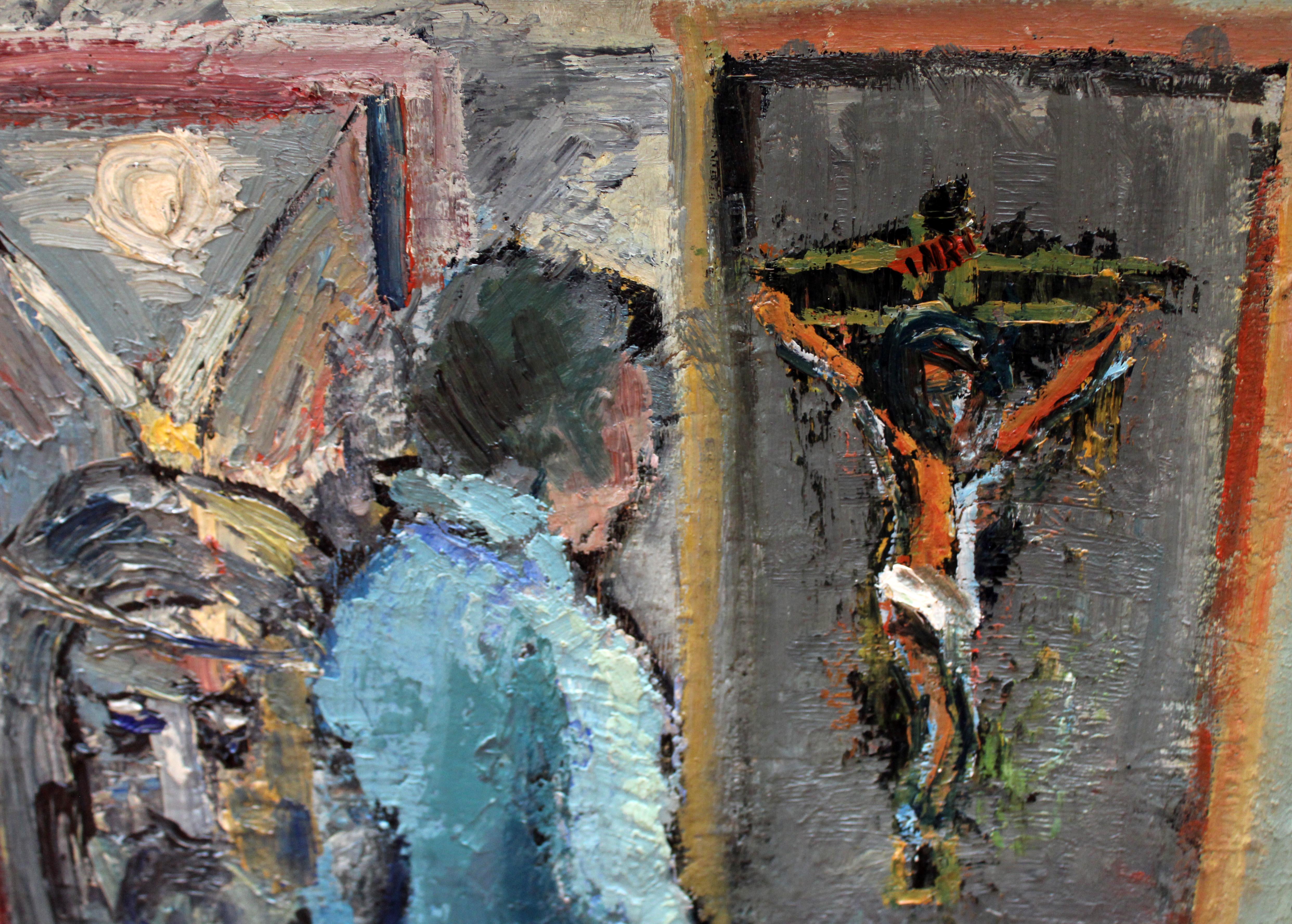 Óleo sobre tela - Innenausstattung mit Figur - Jahr 1960 (Grau), Figurative Painting, von Enrique Estela-Antón
