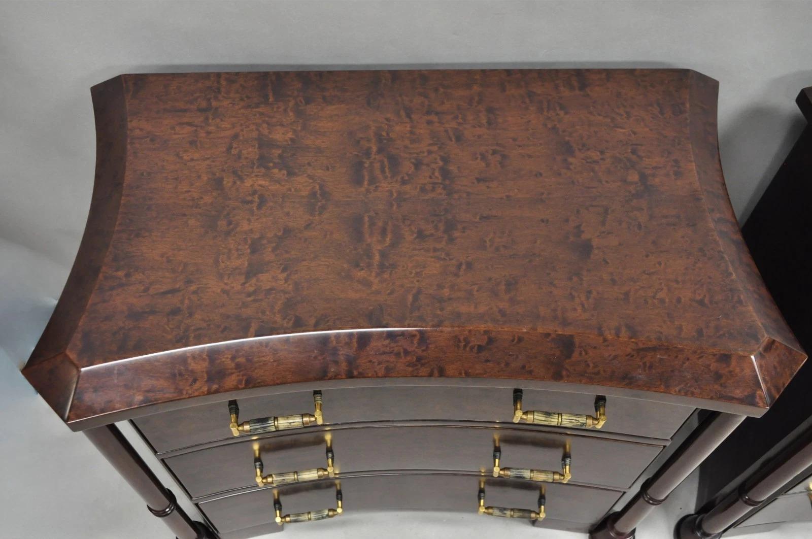 Please message us with your zip code to request a more reasonable domestic U.S. shipping quote.

Enrique Garcel Art Deco Lacquered Burl Wood 3 Drawer Nightstand Commodes - a Pair. Circa Mid 20th Century. Measurements: 32