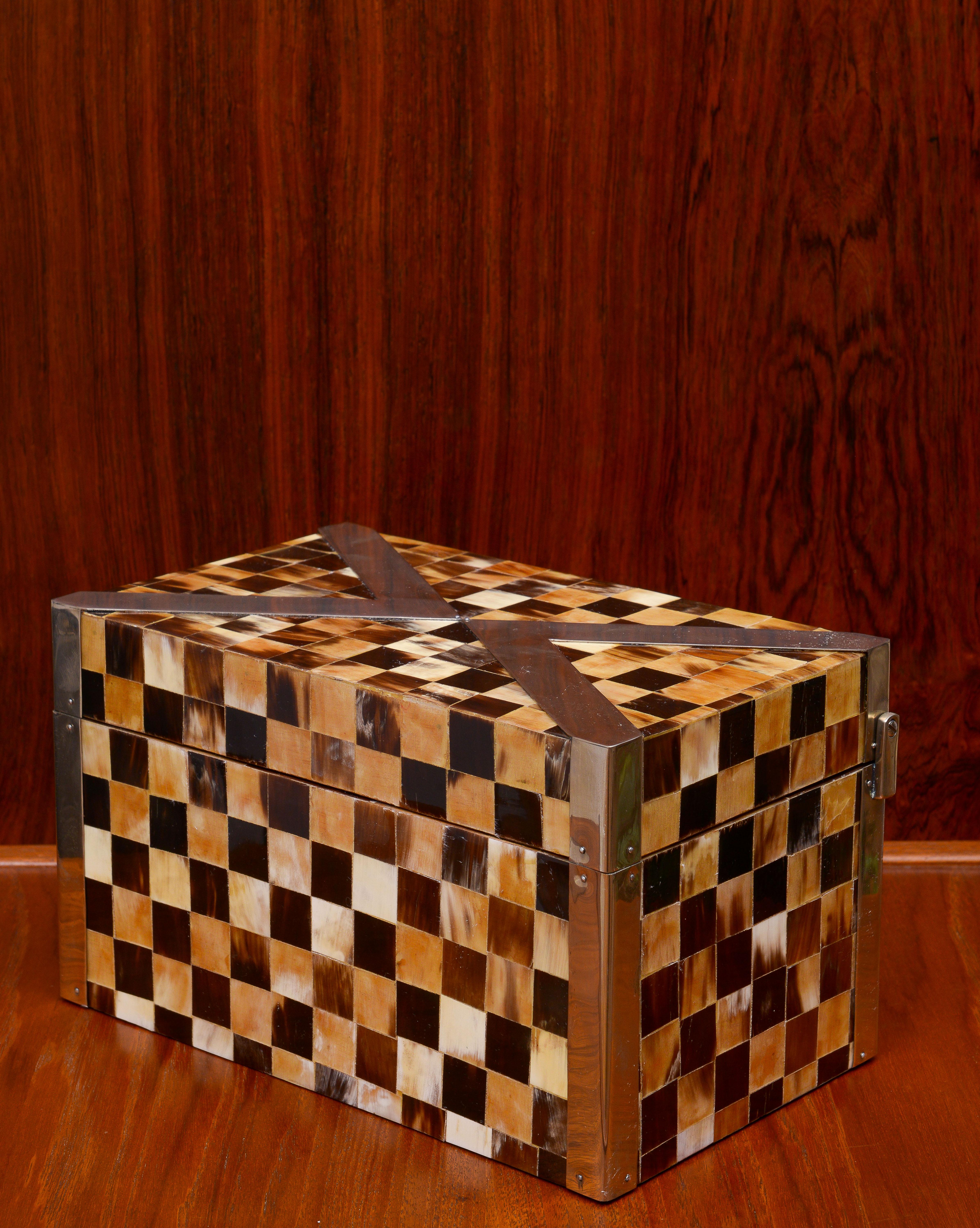 Mid-Century Modern Enrique Garcel Colombian Tessellated Horn and Brass Decorative Box, 1980s For Sale