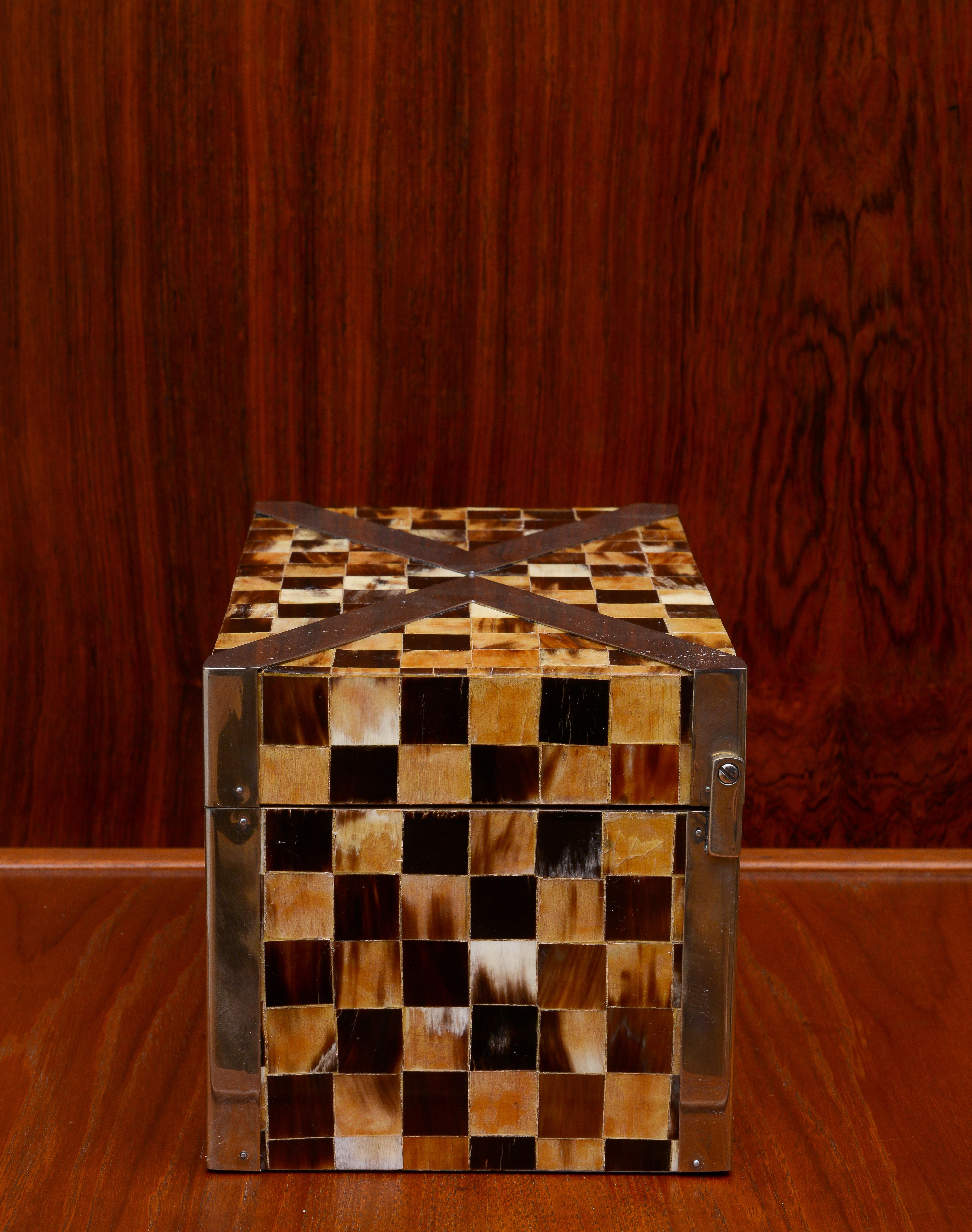 Hand-Crafted Enrique Garcel Colombian Tessellated Horn and Brass Decorative Box, 1980s For Sale