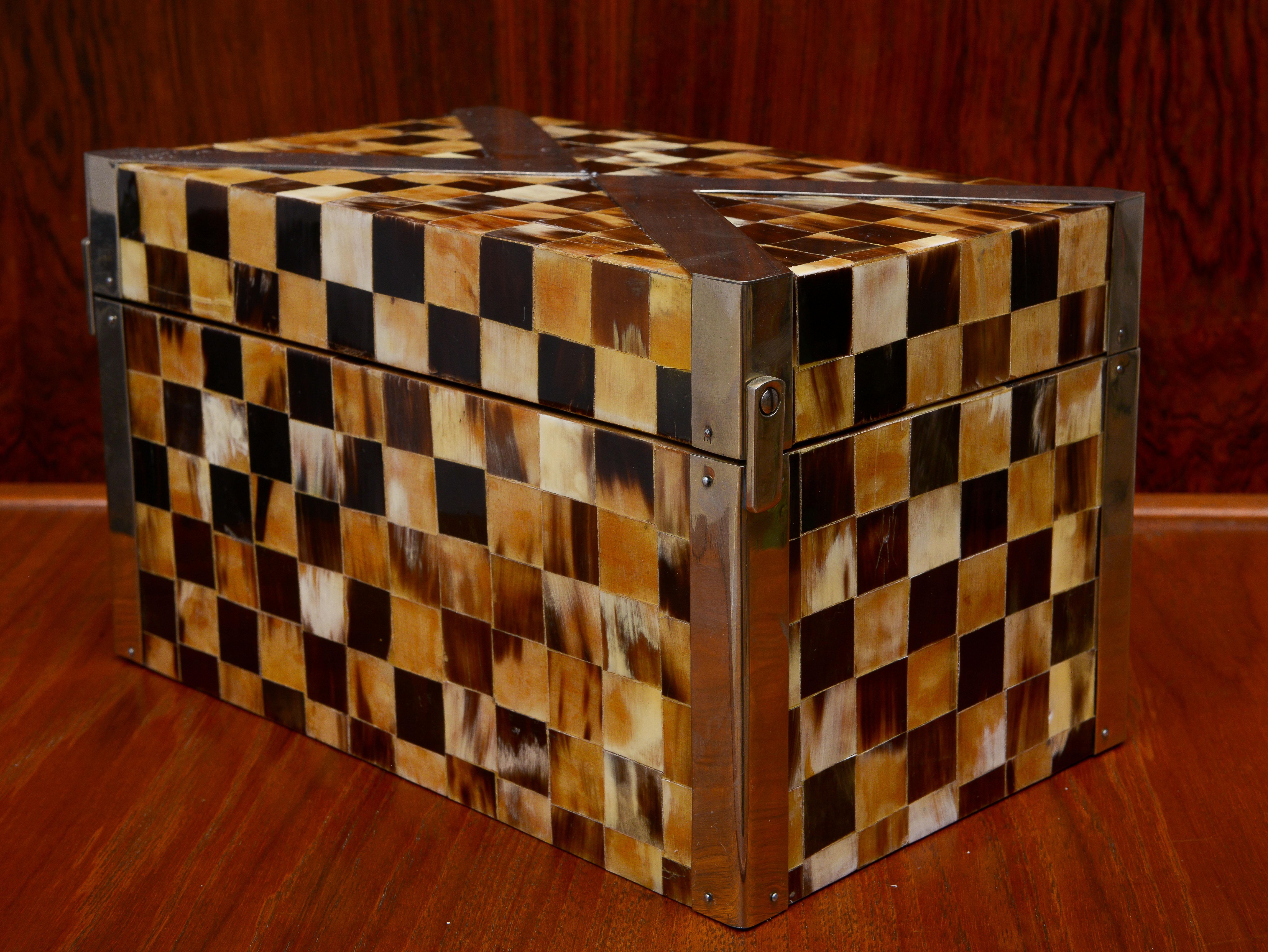 Late 20th Century Enrique Garcel Colombian Tessellated Horn and Brass Decorative Box, 1980s For Sale