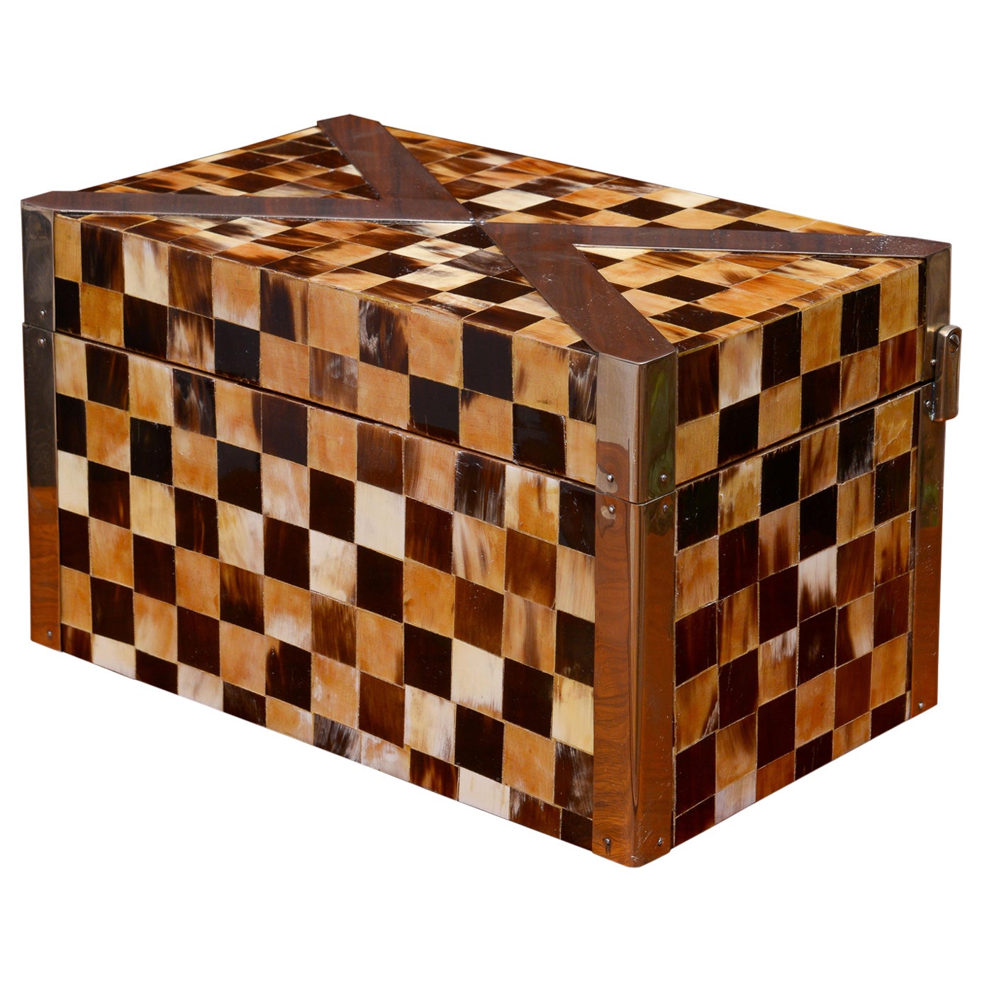 Scatola decorativa in ottone e corno tessellato colombiano di Enrique Garcel, anni '80 in vendita
