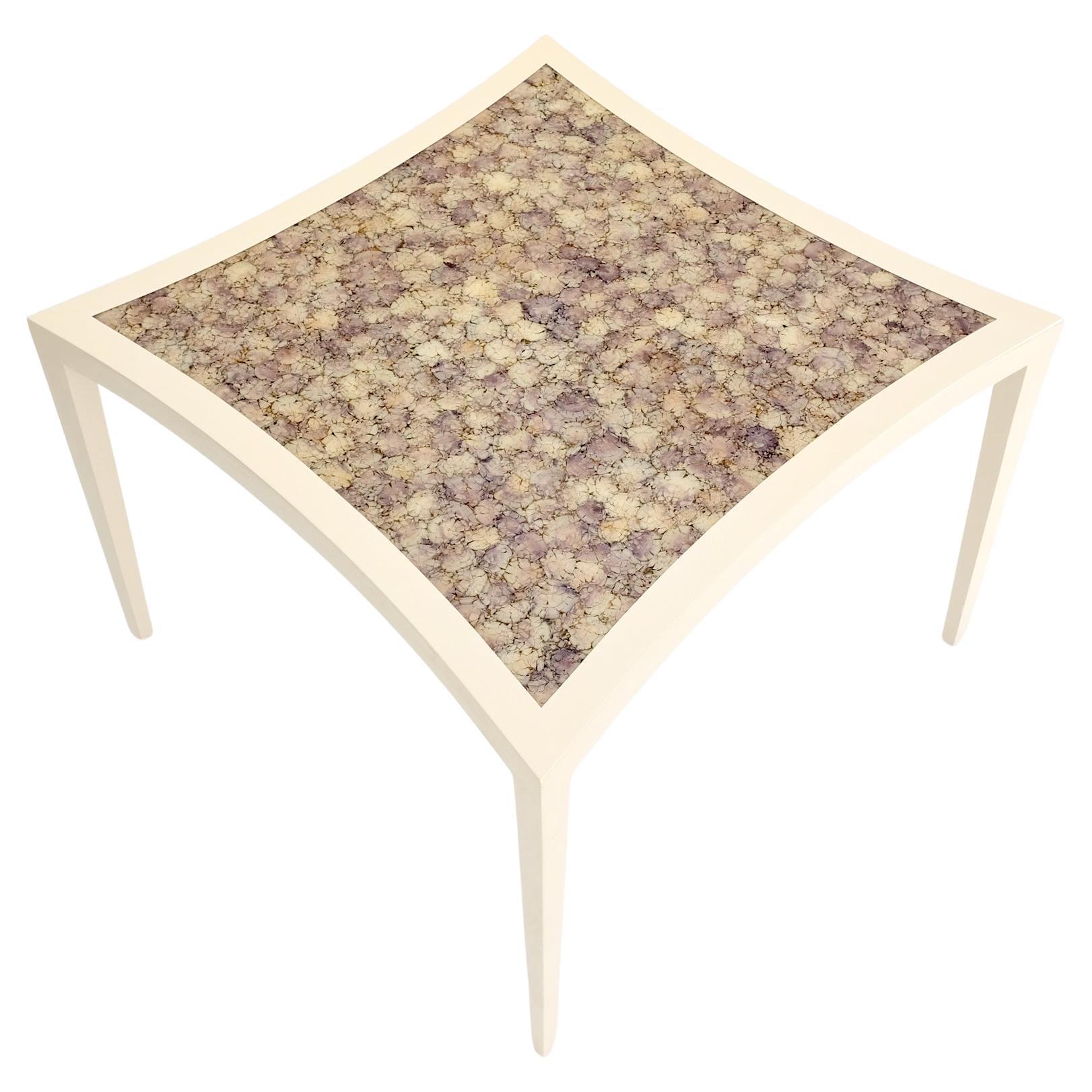 Enrique Garcel diamond shape top white lacquer game dinette table colored crushed shell mosaic top.