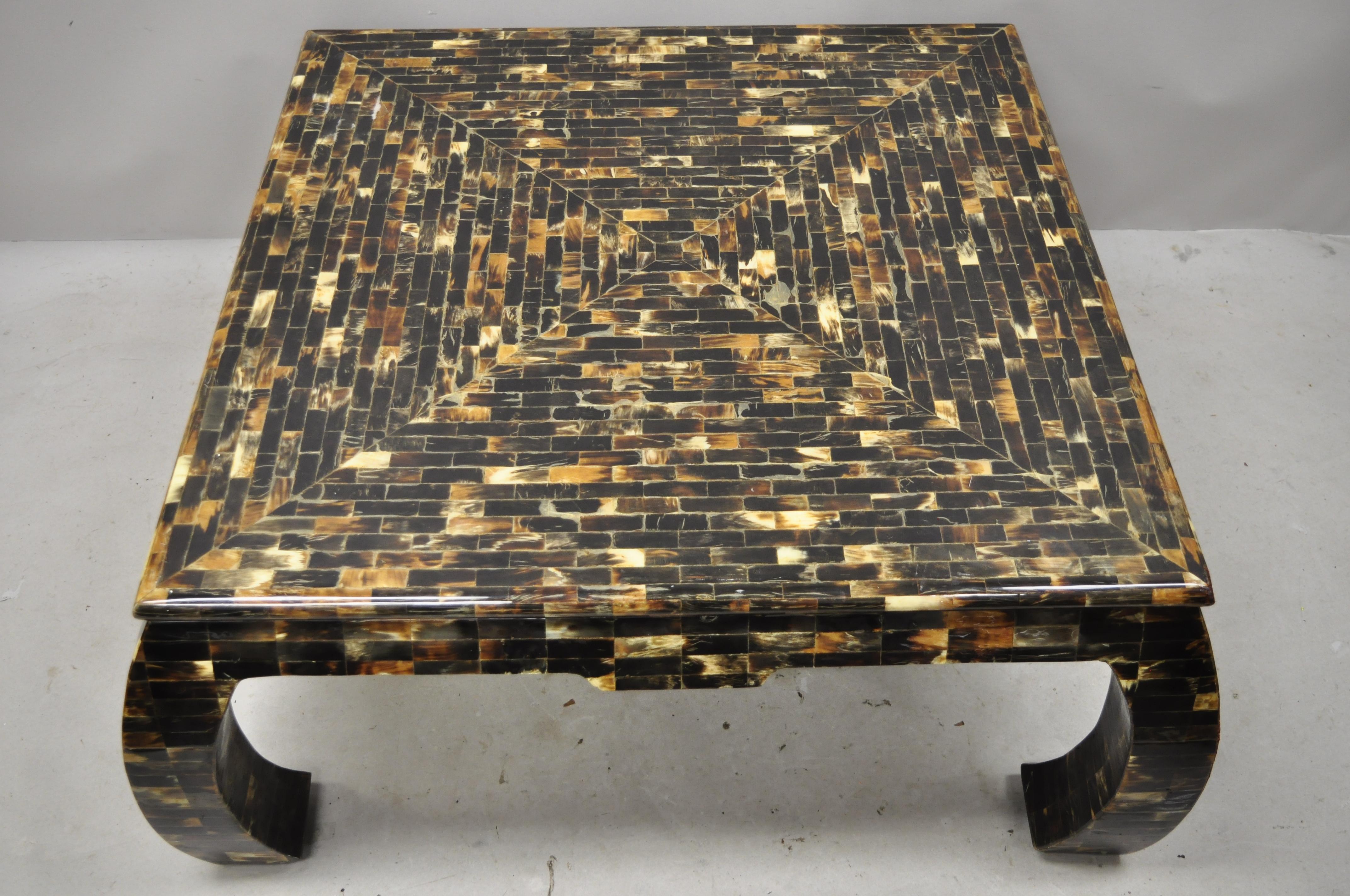 20th century Enrique Garcel faux tortoiseshell tessellated horn Ming style coffee table. Item features inlaid tessellated Horn shell frame, shapely Ming style legs, great style and form. Unmarked, attributed to Enrique Garcel, late 20th century.