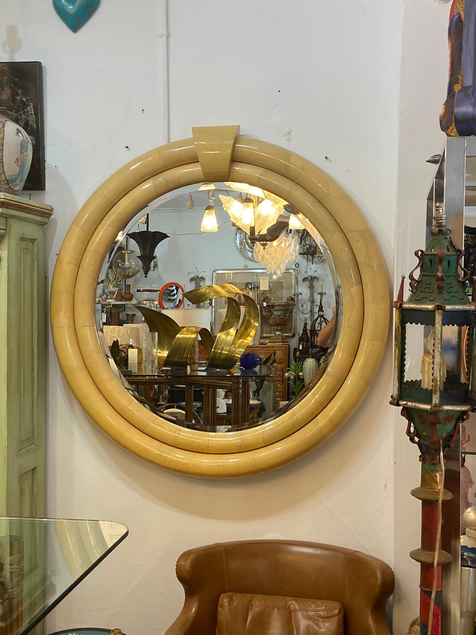 Mid-Century Modern Enrique Garcel Goatskin Beveled Mirror, with Keystone Top Style of Karl Springer For Sale