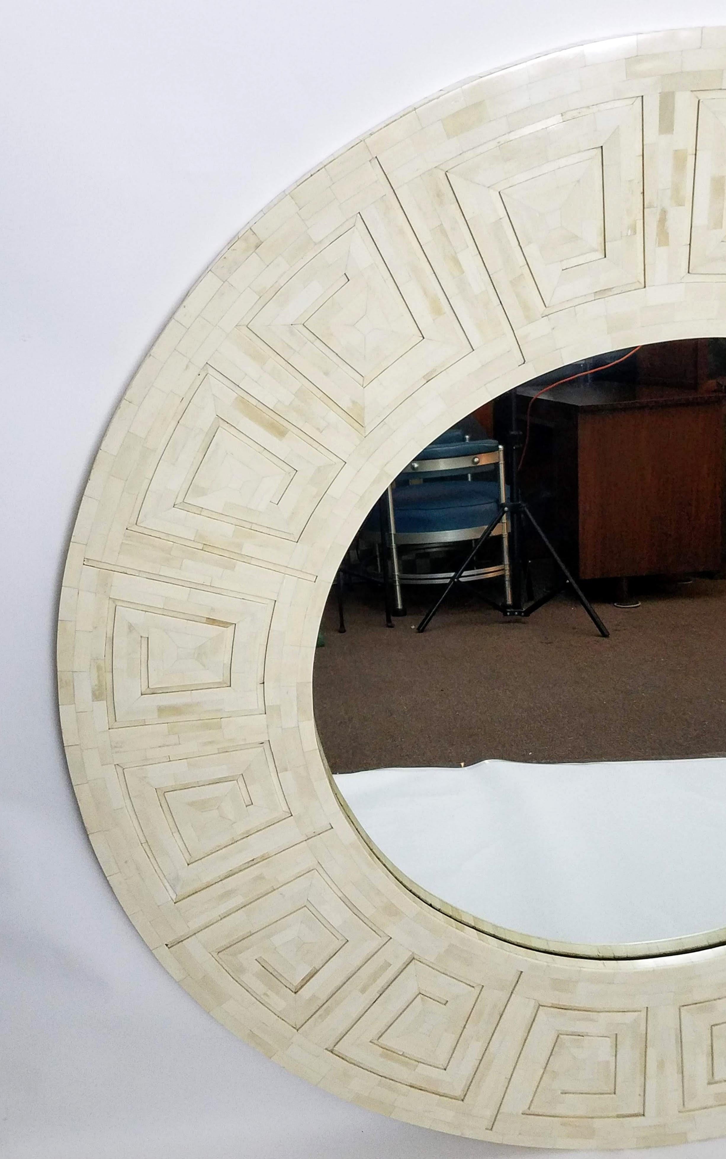 Hollywood Regency Enrique Garcel Greek Key Mirror Tessellated Bone 1970s Studio Crafted Columbia For Sale