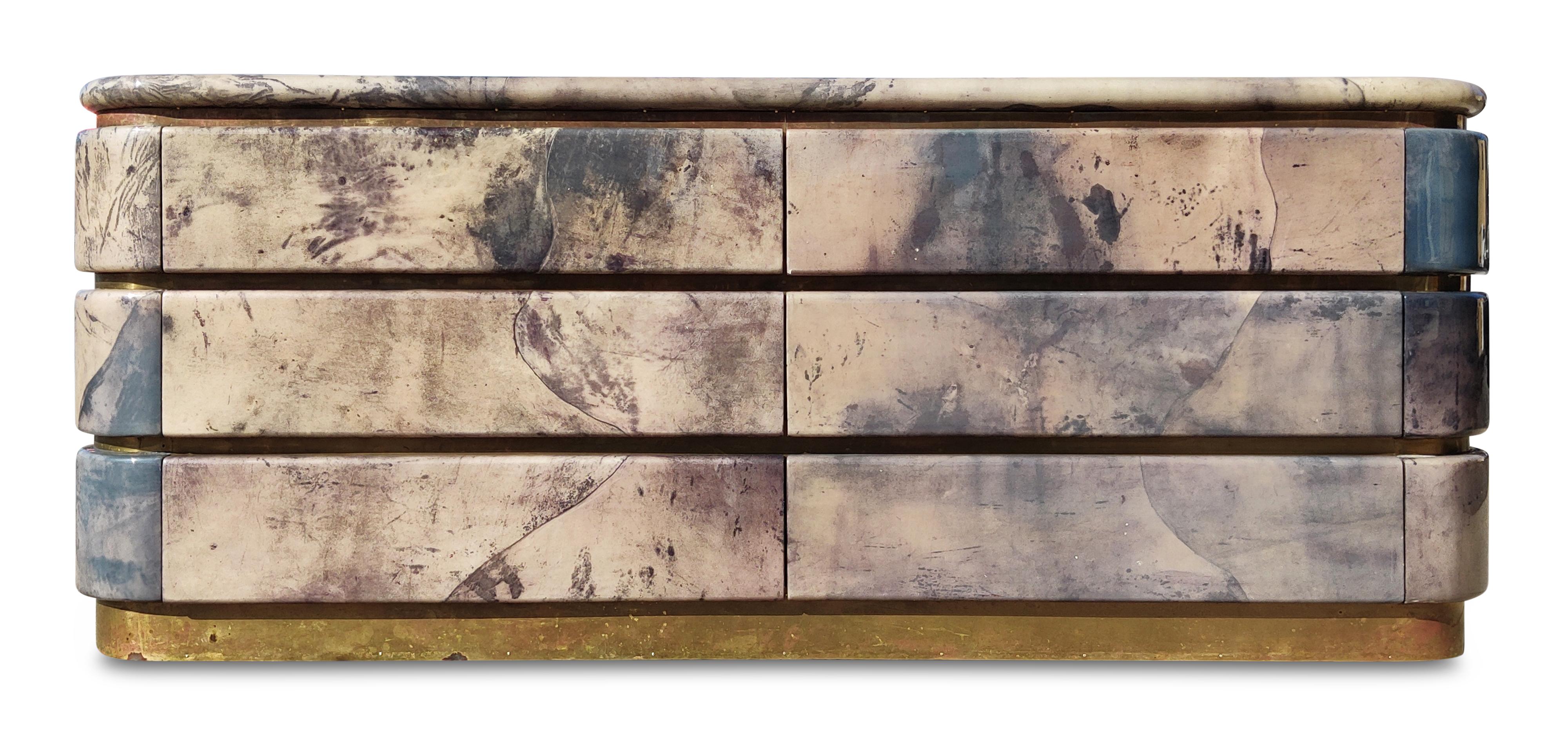 Enrique Garcel Laquered Parchment, Brass 6-Drawer Dresser Cabinet Columbia 1980s 1