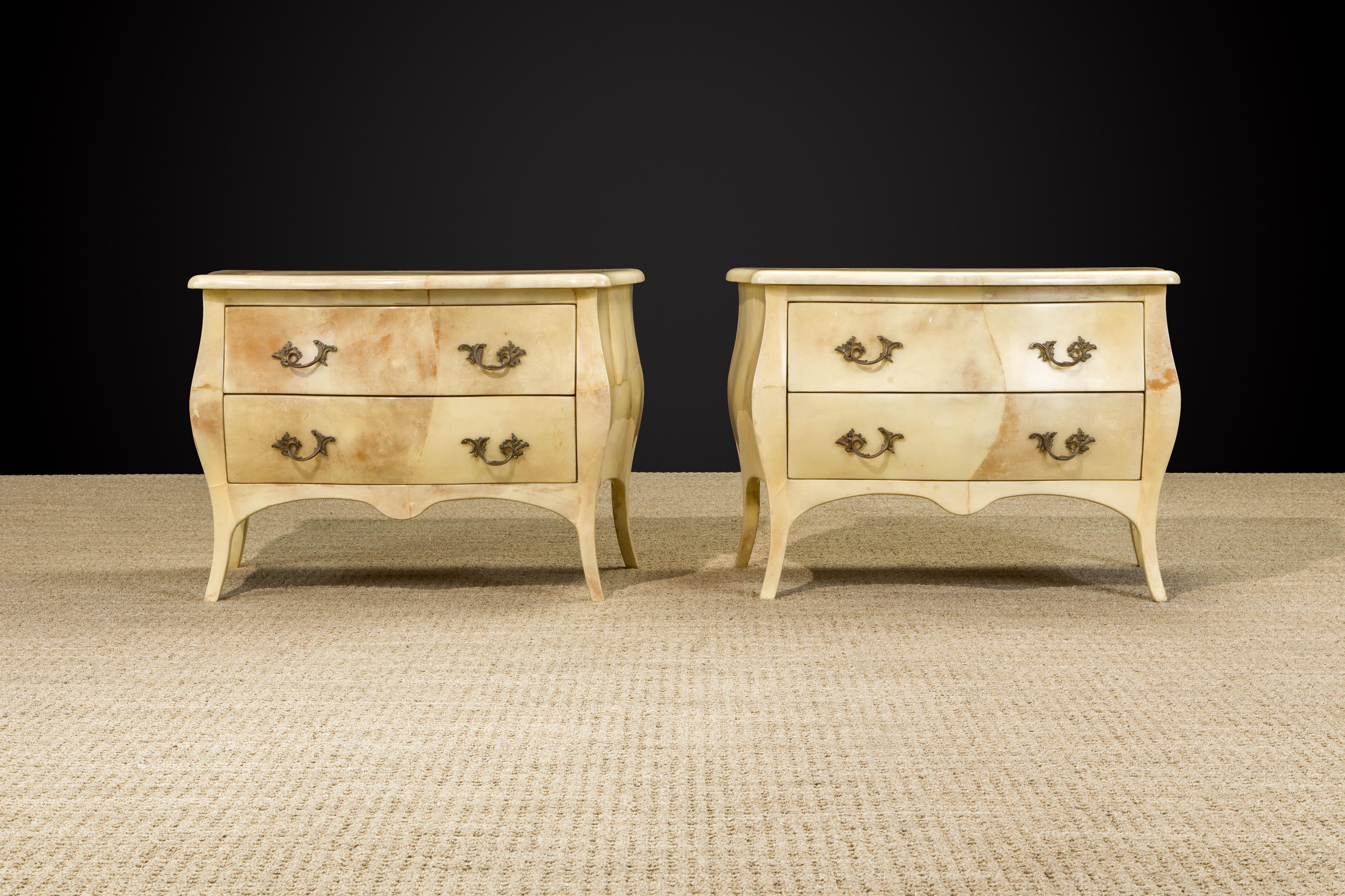 Exquisitely executed lacquered goatskin and brass nightstands by Colombian designer Enrique Garcel, circa 1970, signed with labels underneath. Smooth rounded edges and corners provide safety for the bedroom or living space for you and your little