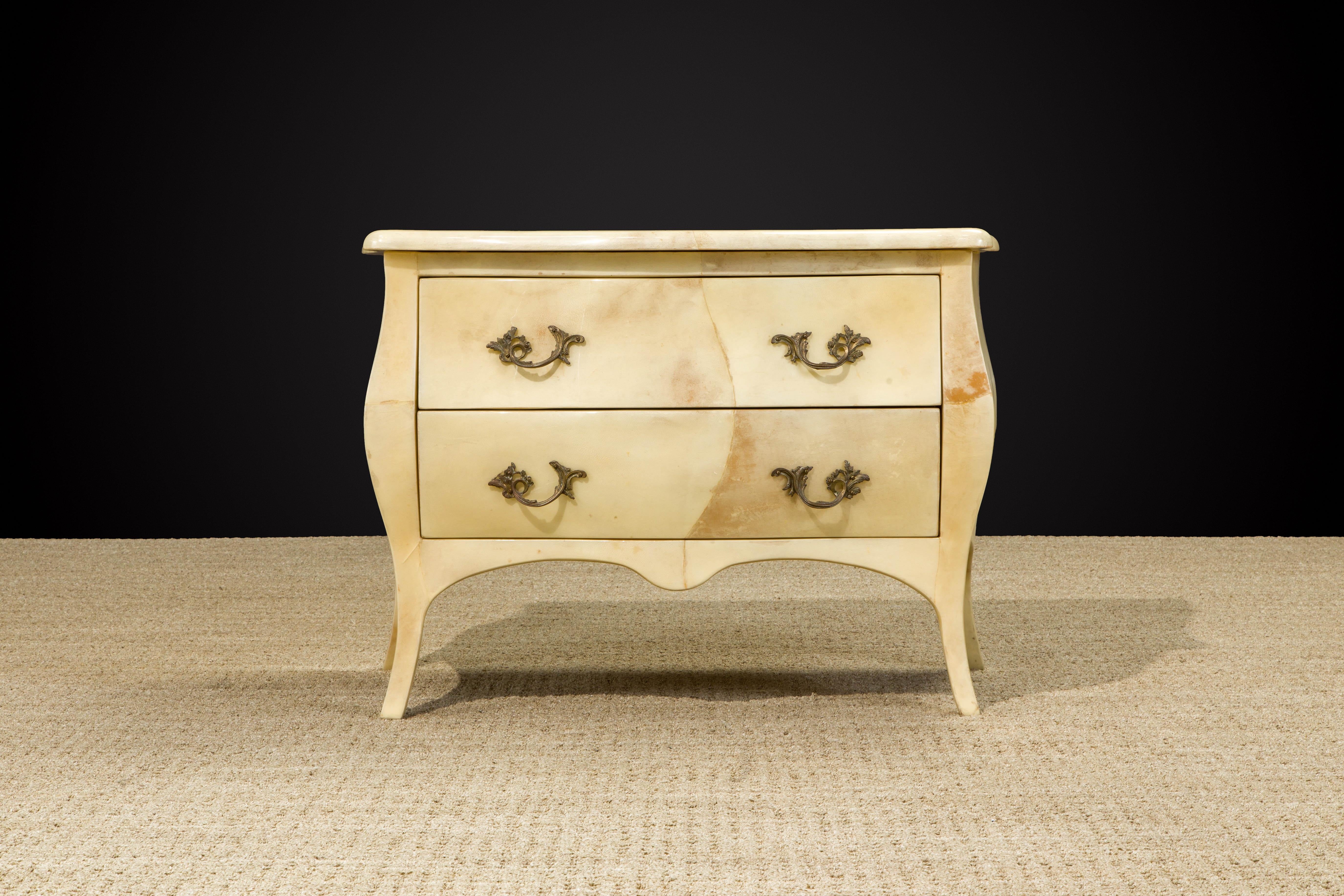 Colombian Enrique Garcel Large Lacquered Goatskin and Brass Nightstands, c 1970s, Signed For Sale