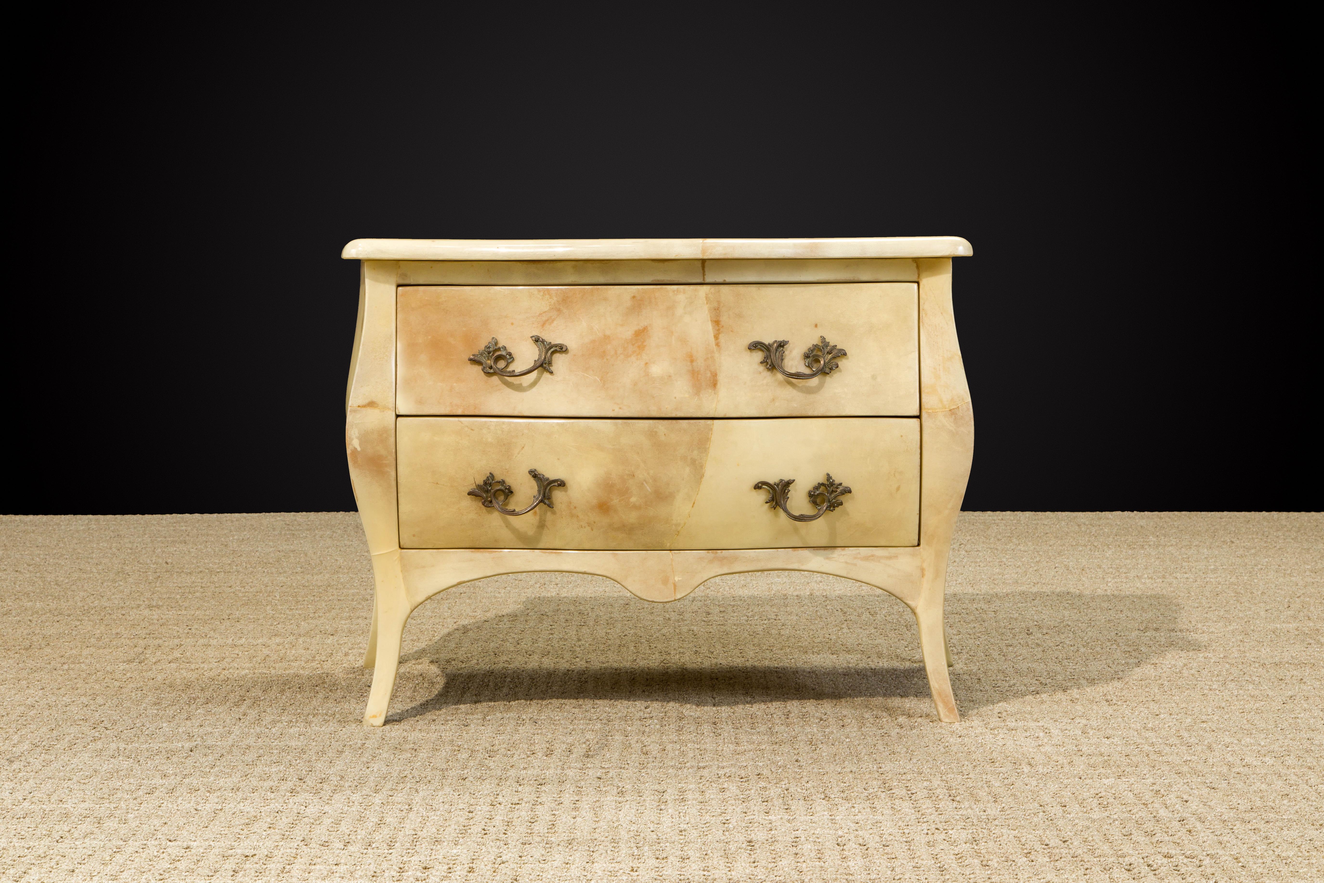 Enrique Garcel Large Lacquered Goatskin and Brass Nightstands, c 1970s, Signed In Good Condition For Sale In Los Angeles, CA