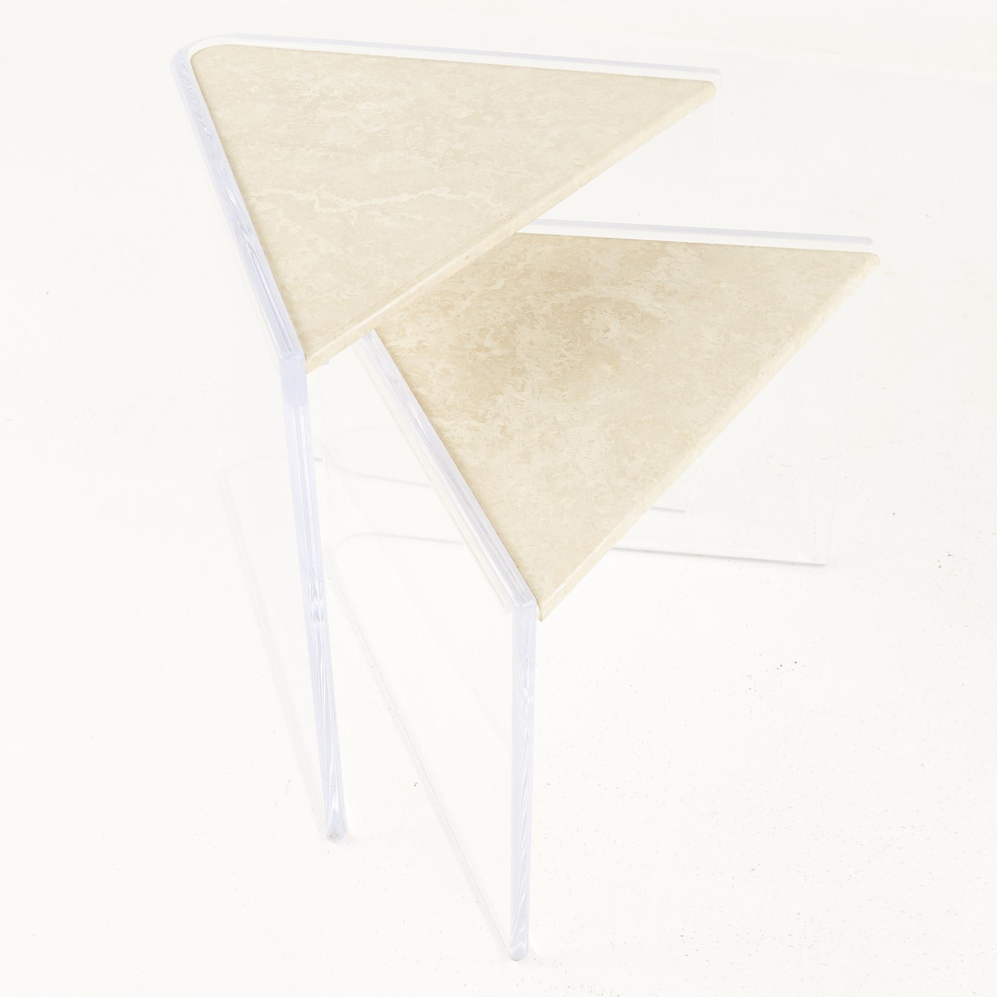 Enrique Garcel MCM Lucite Travertine Marble 2 Piece Triangular Nesting Tables 4