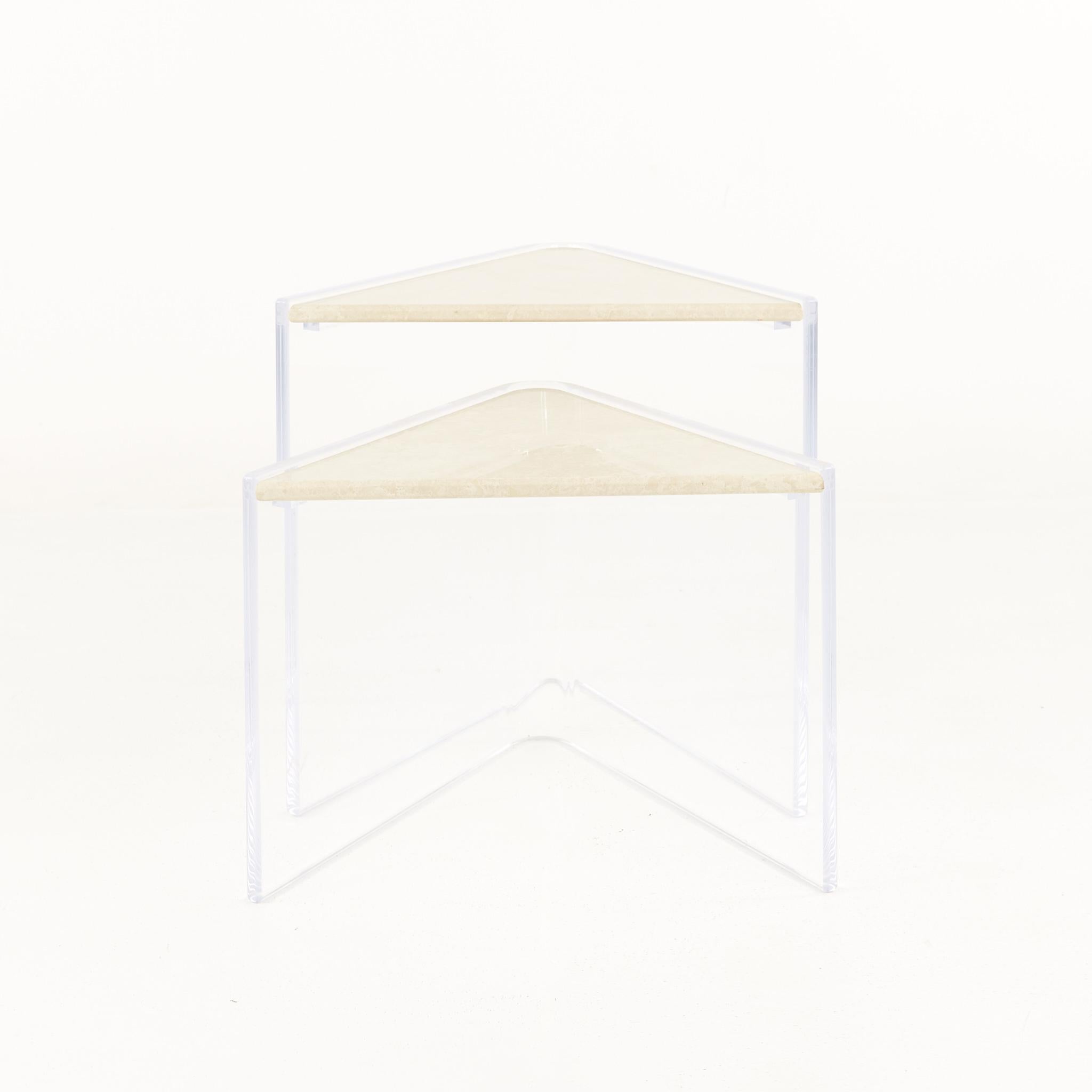 Enrique Garcel mid century Lucite and Travertine marble 2 Piece Triangular nesting tables

These tables measure: 21 wide x 17.25 deep x 21 inches high

All pieces of furniture can be had in what we call restored vintage condition. That means the